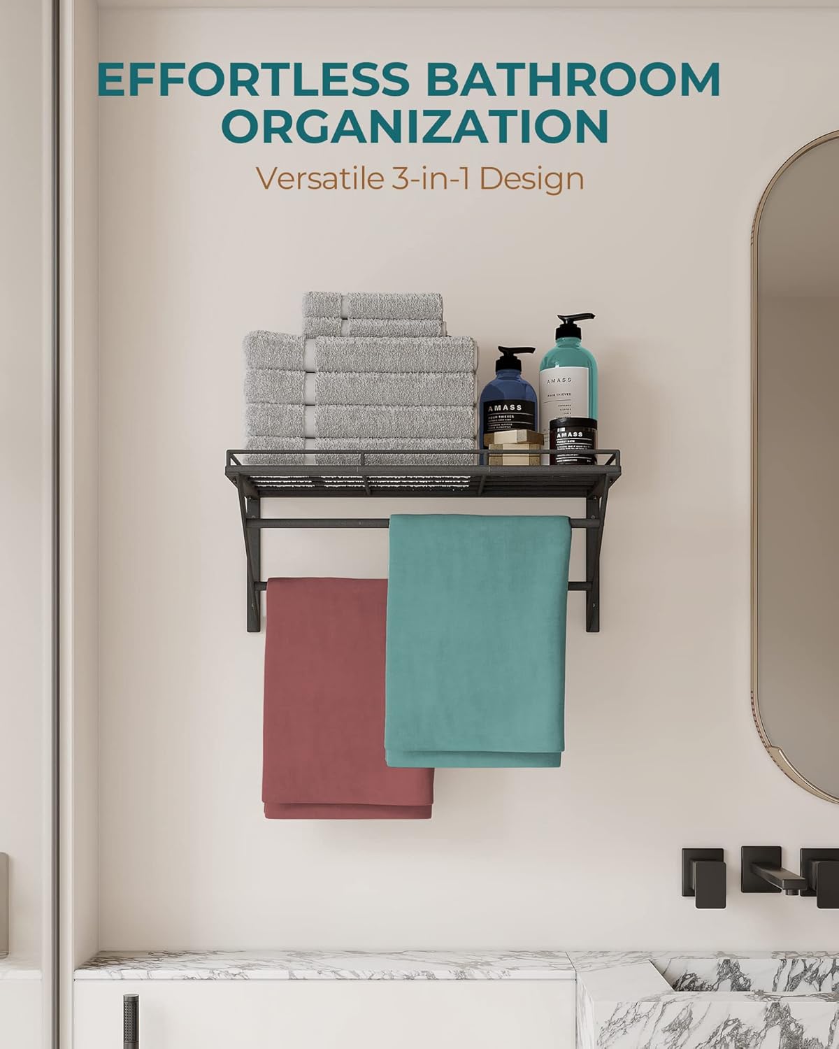 Topf-Rack Wandregal mit 12 Haken (3-Schicht), Schwarz-60cm