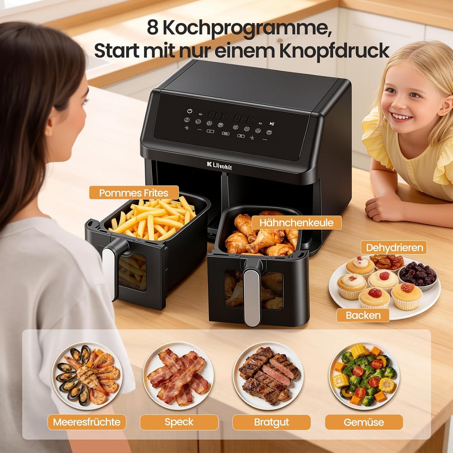 Doppelkammer Heissluftfritteuse, Schwarz 9L
