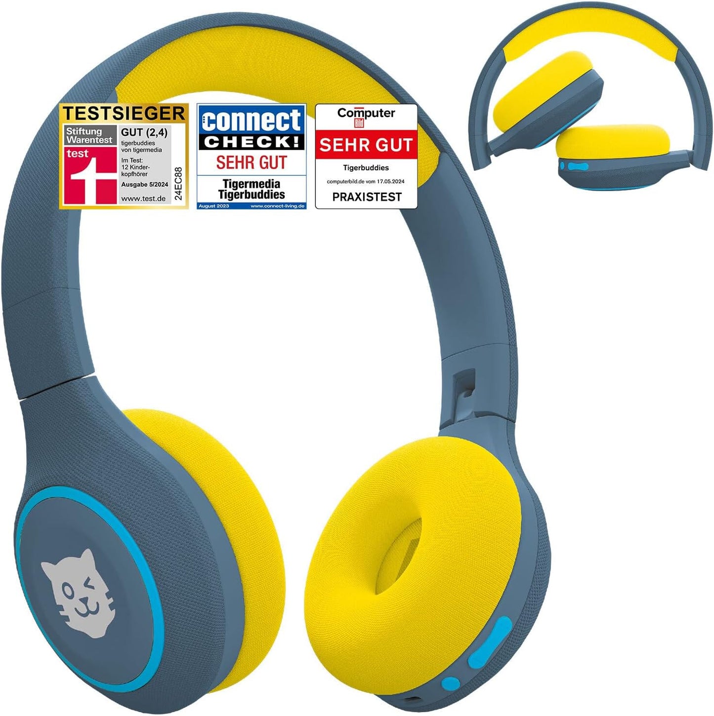Bluetooth Kinderkopfhörer mit Lautstärkebegrenzung, dunkelblau/gelb