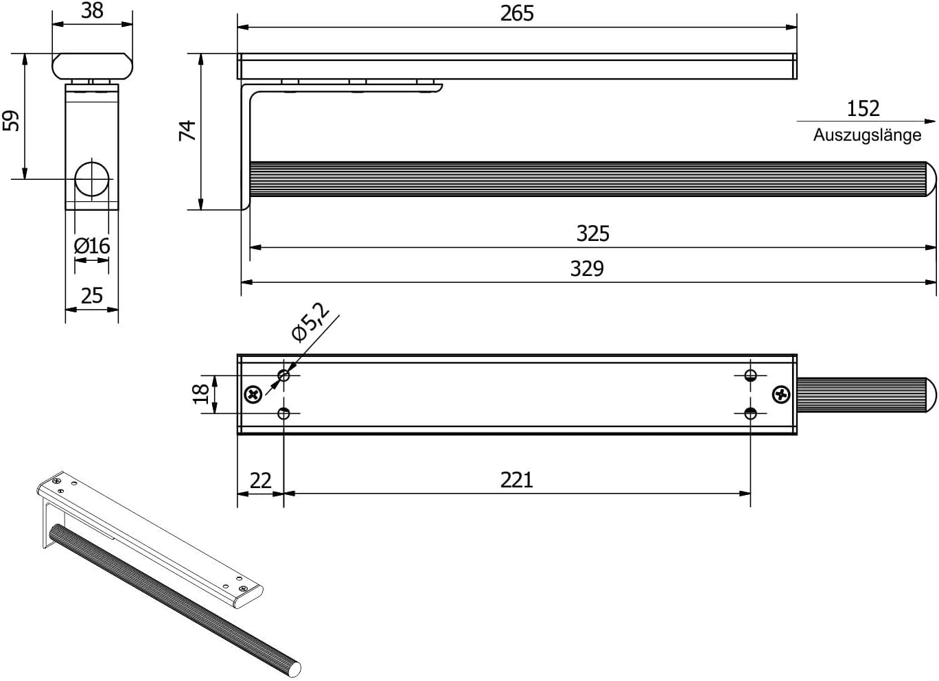 Teleskop-Handtuchhalter ausziehbar 1-armig, Schwarz Matt 1-armig 325 - 487 mm