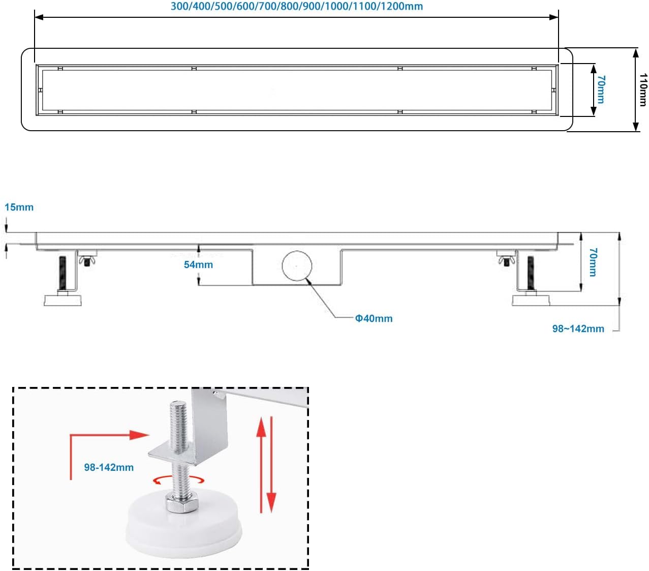 Flache Duschrinne mit Siphon, 120cm
