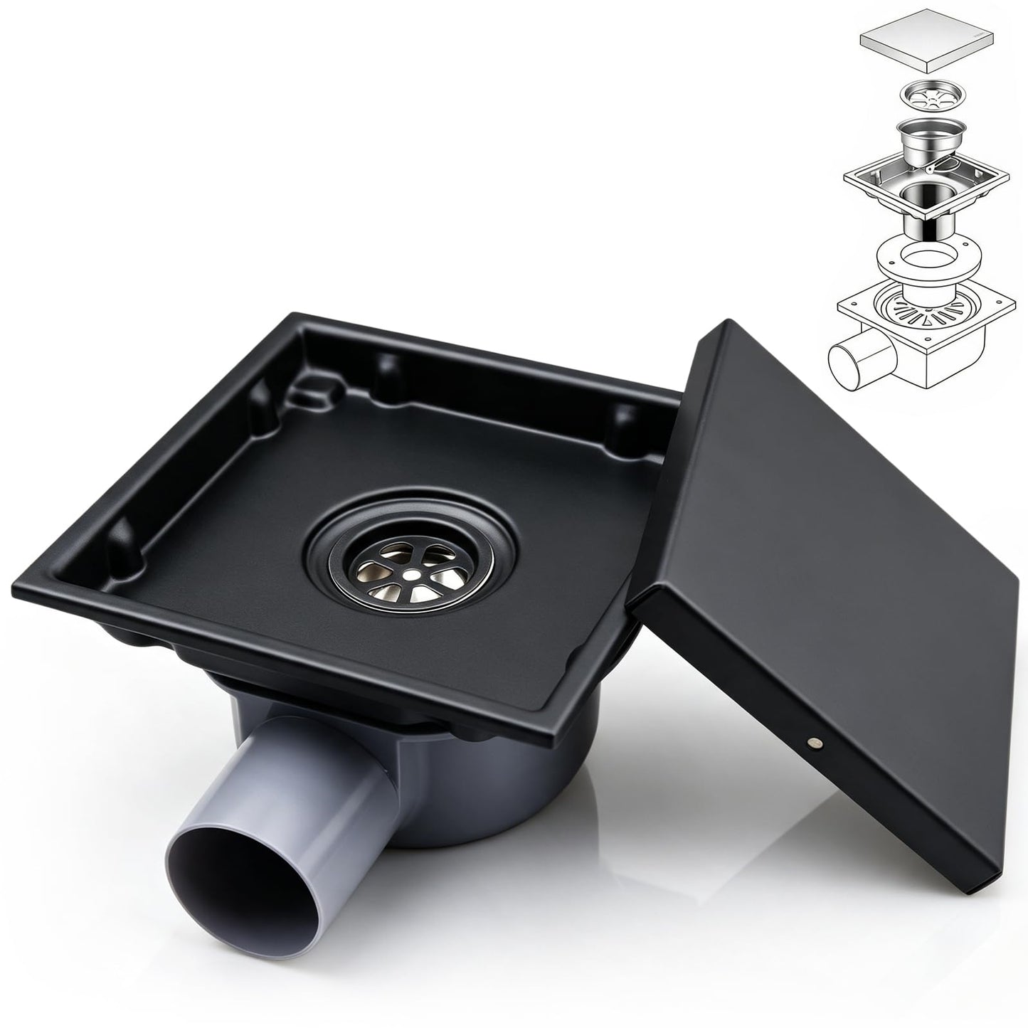 Duschrinne mit Siphon und Haarfilter, Schwarz Schwarz