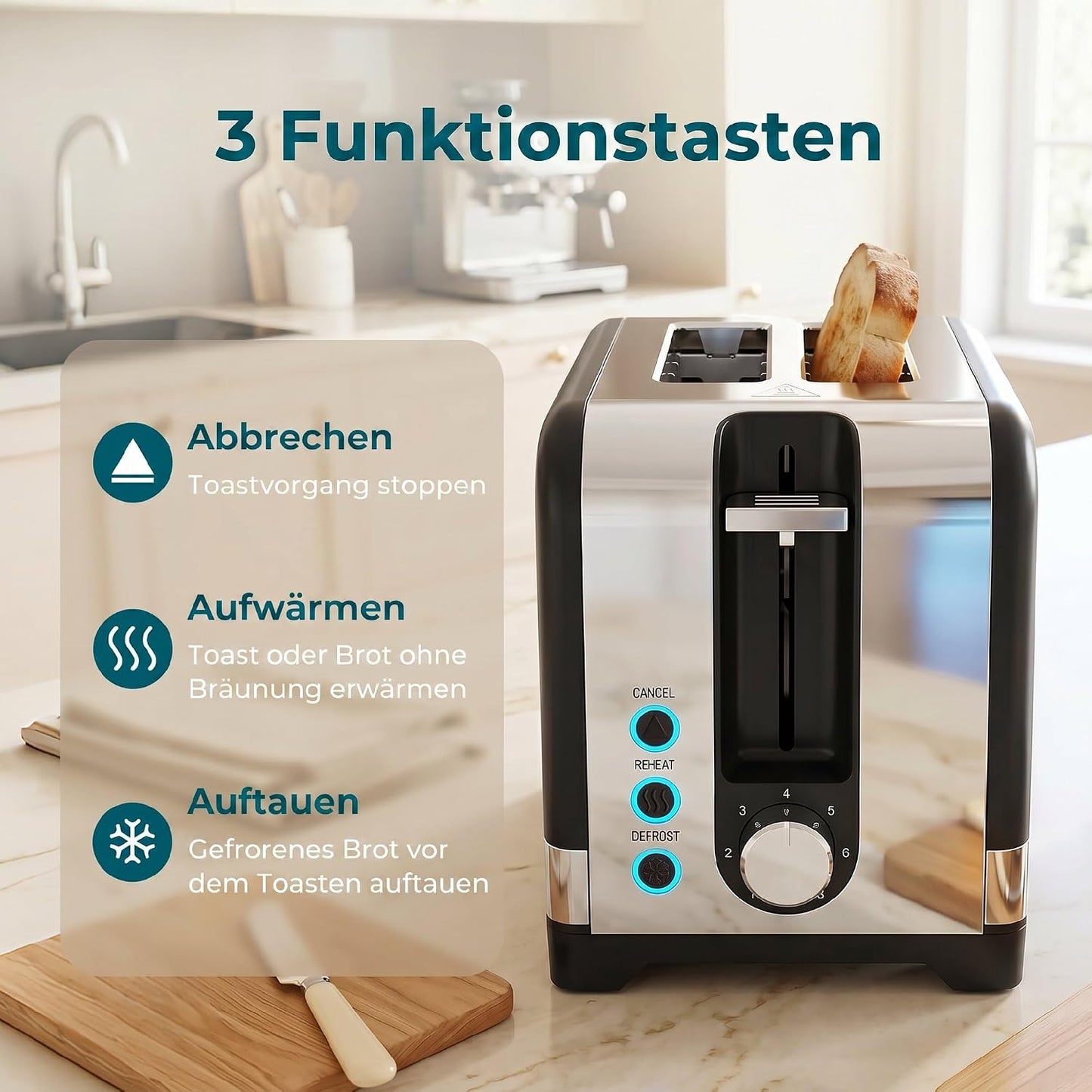 Toaster mit 7 Bräunungsstufen und Brötchenaufsatz