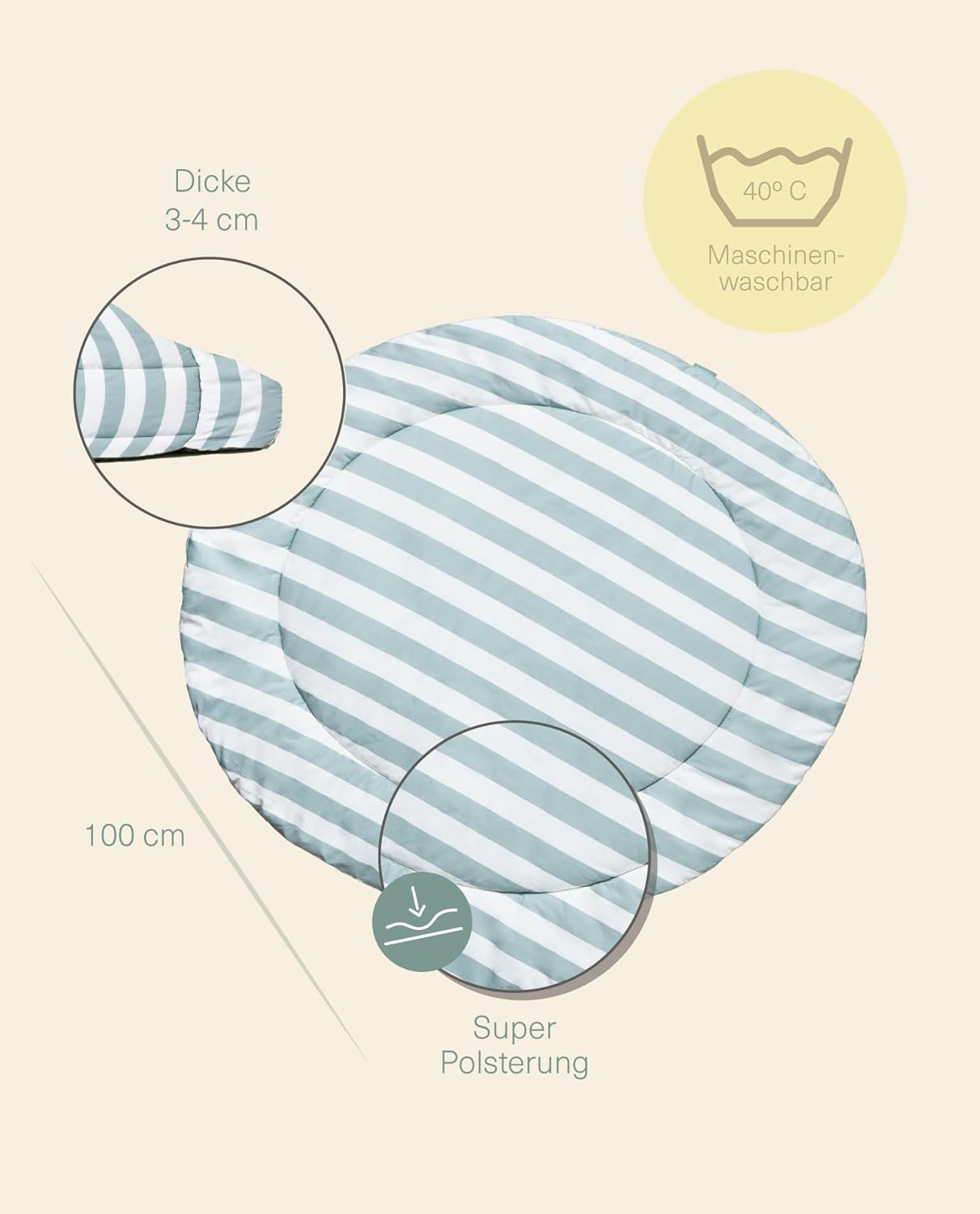 Gepolsterte Krabbeldecke, PopCorn Stripes / 100 cm (Rund)