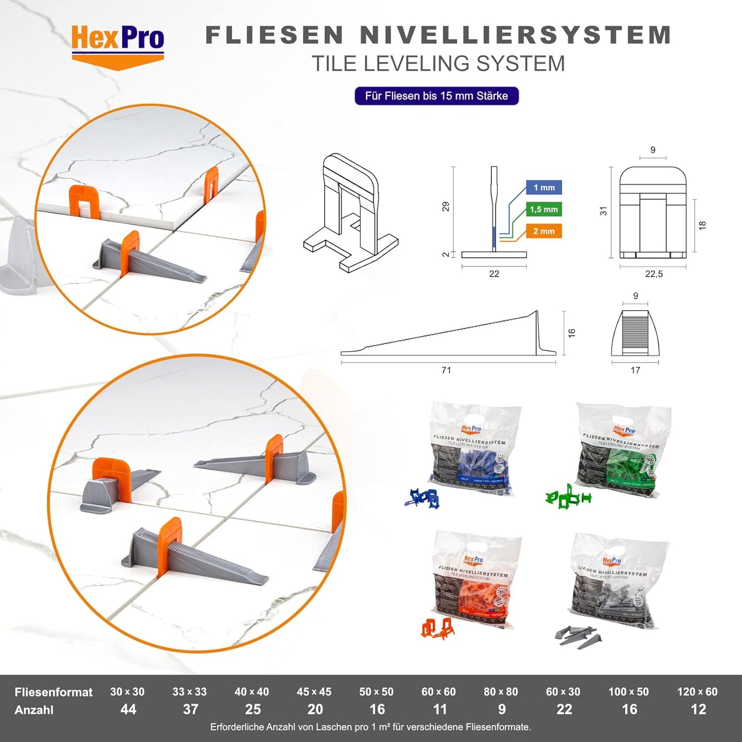 Nivelliersystem Set für Fliesen, Lasche 1mm (200 Stück) 5 Packungen