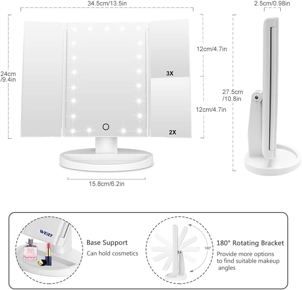 Dreifach gefalteter Kosmetikspiegel mit LED & Vergrösserung, Weiss