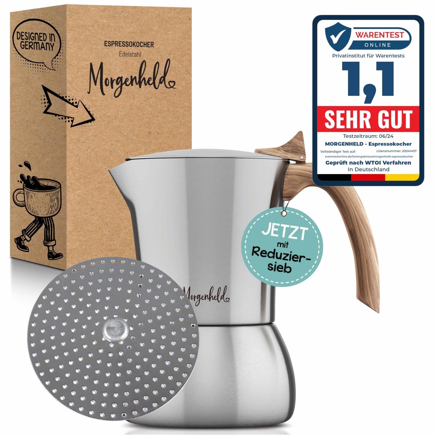 Espressokocher Flow mit Reduziersieb, Espressomaker FLOW 200ml + Sieb