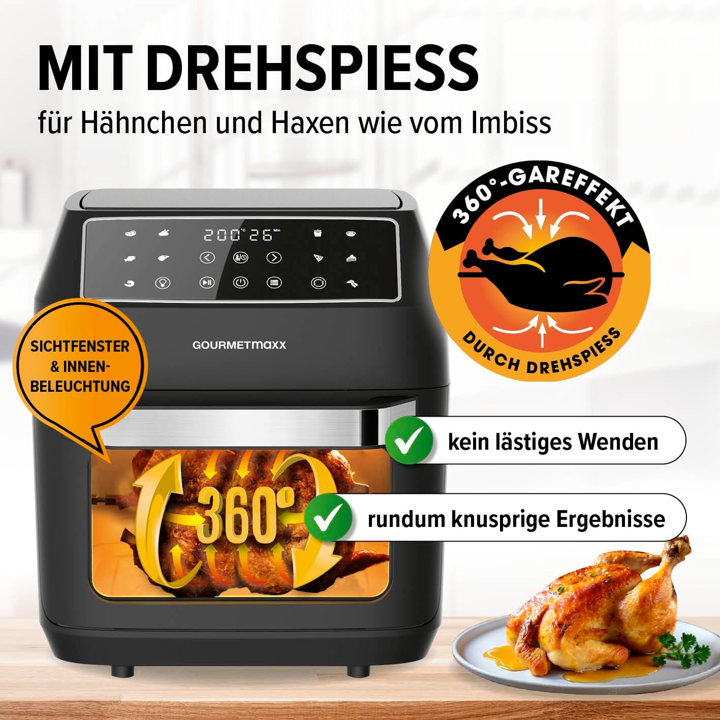 Heissluftfritteuse mit 10 Funktionen und Zubehörset, Mattschwarz 12 Liter