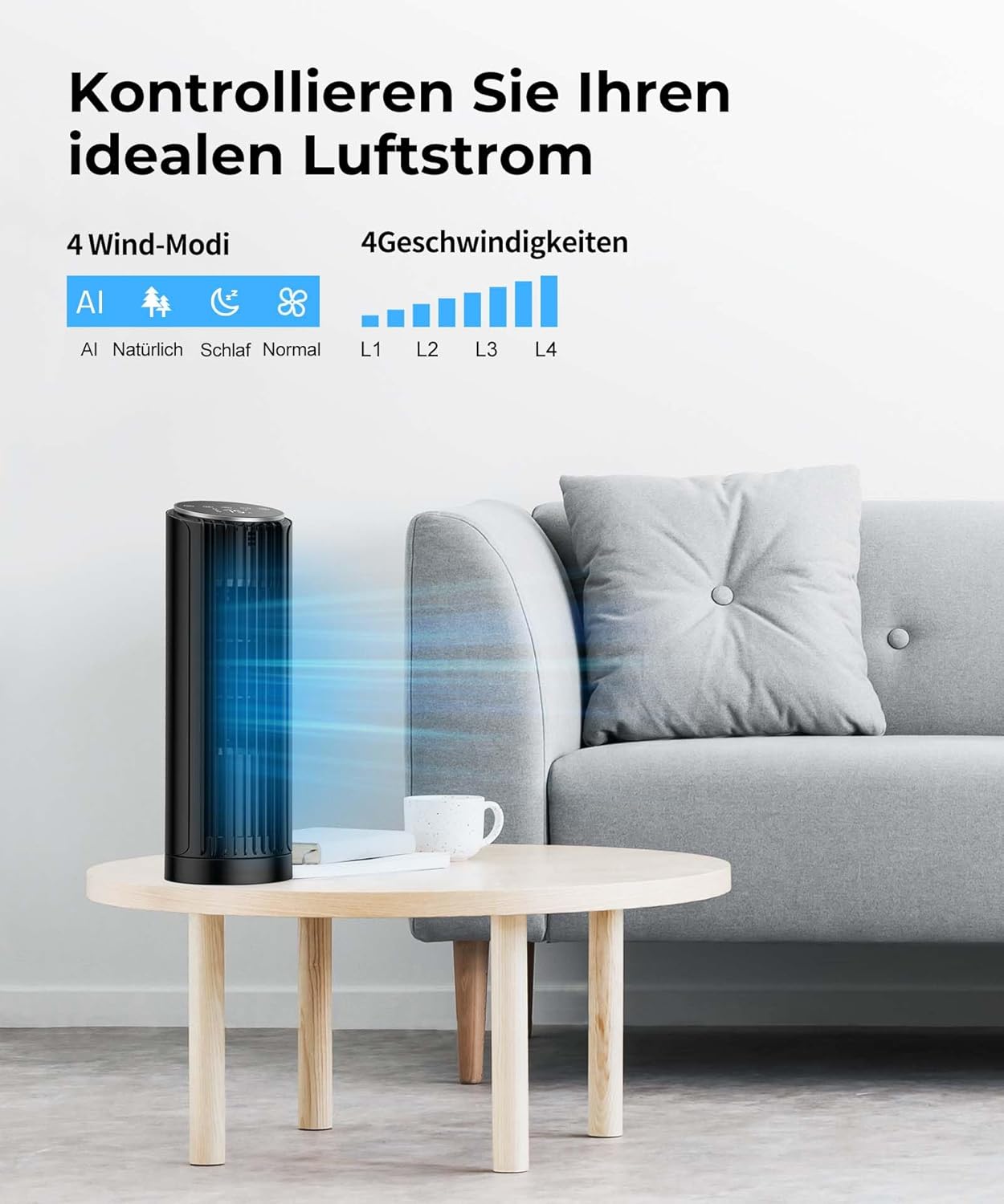 Turmventilator mit Fernbedienung und Timer, Schwarz