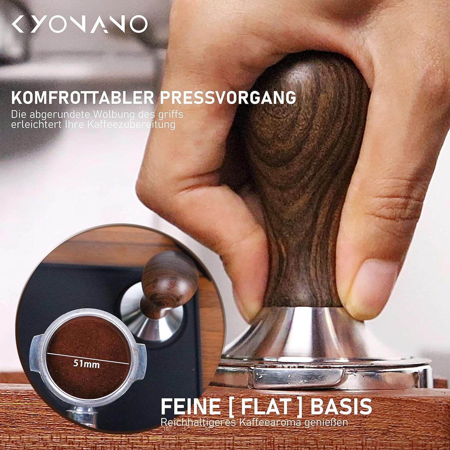3-teiliges Barista Set mit Tamper, Matte und Milchkännchen, 51mm Chacate Pretoholz