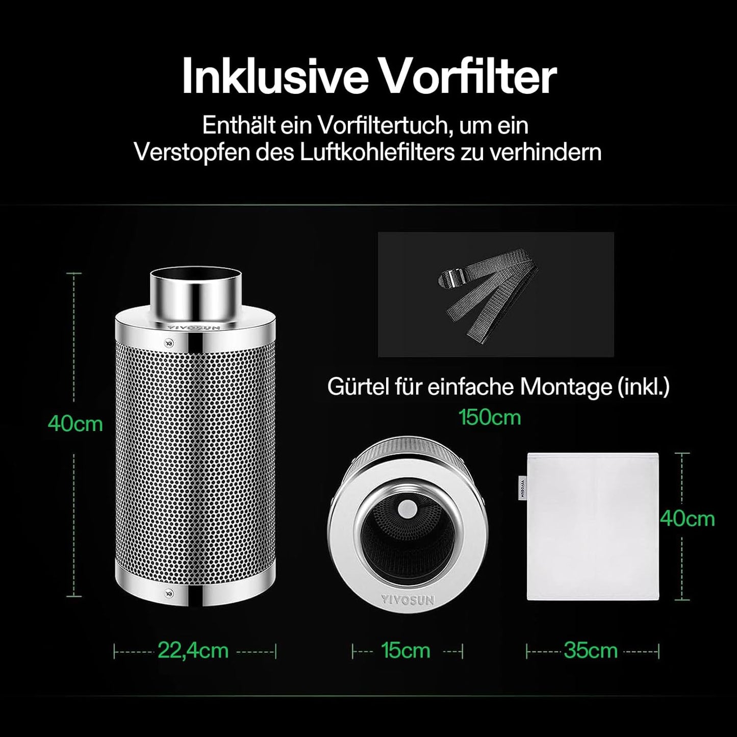 Aktivkohlefilter zur Geruchskontrolle, 150mm/6 Inch Silber