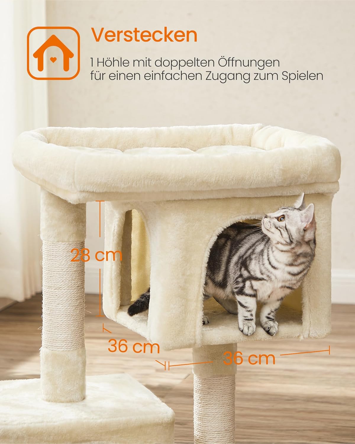 Kratzbaum PCT61M mit Katzenhaus und Plattform, L (60 x 40 x 84 cm) Beige