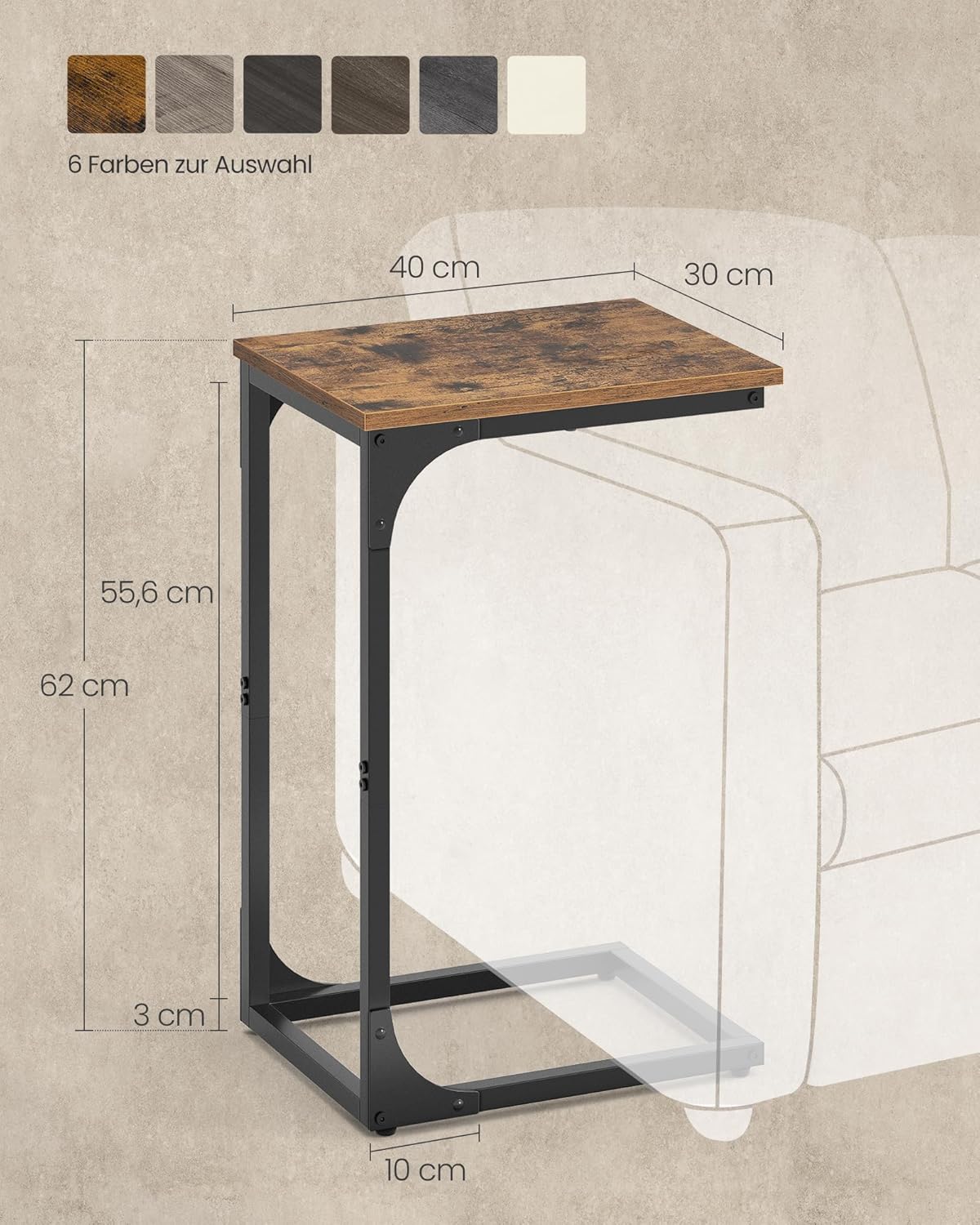 C-förmiger Beistelltisch, Vintagebraun + Schwarz