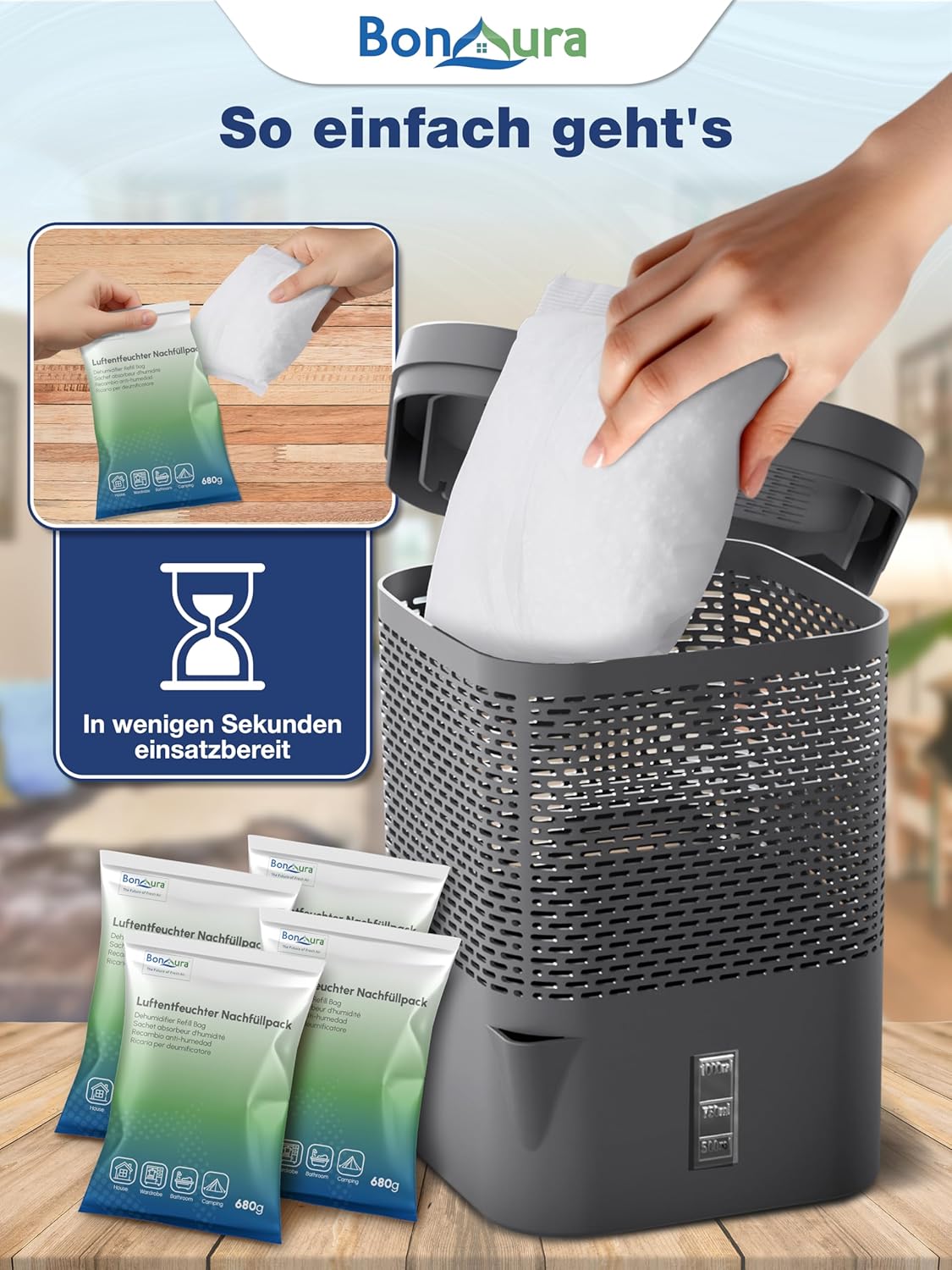 4er-Set Luftentfeuchter Nachfüllpack, 4x Granulat Beutel