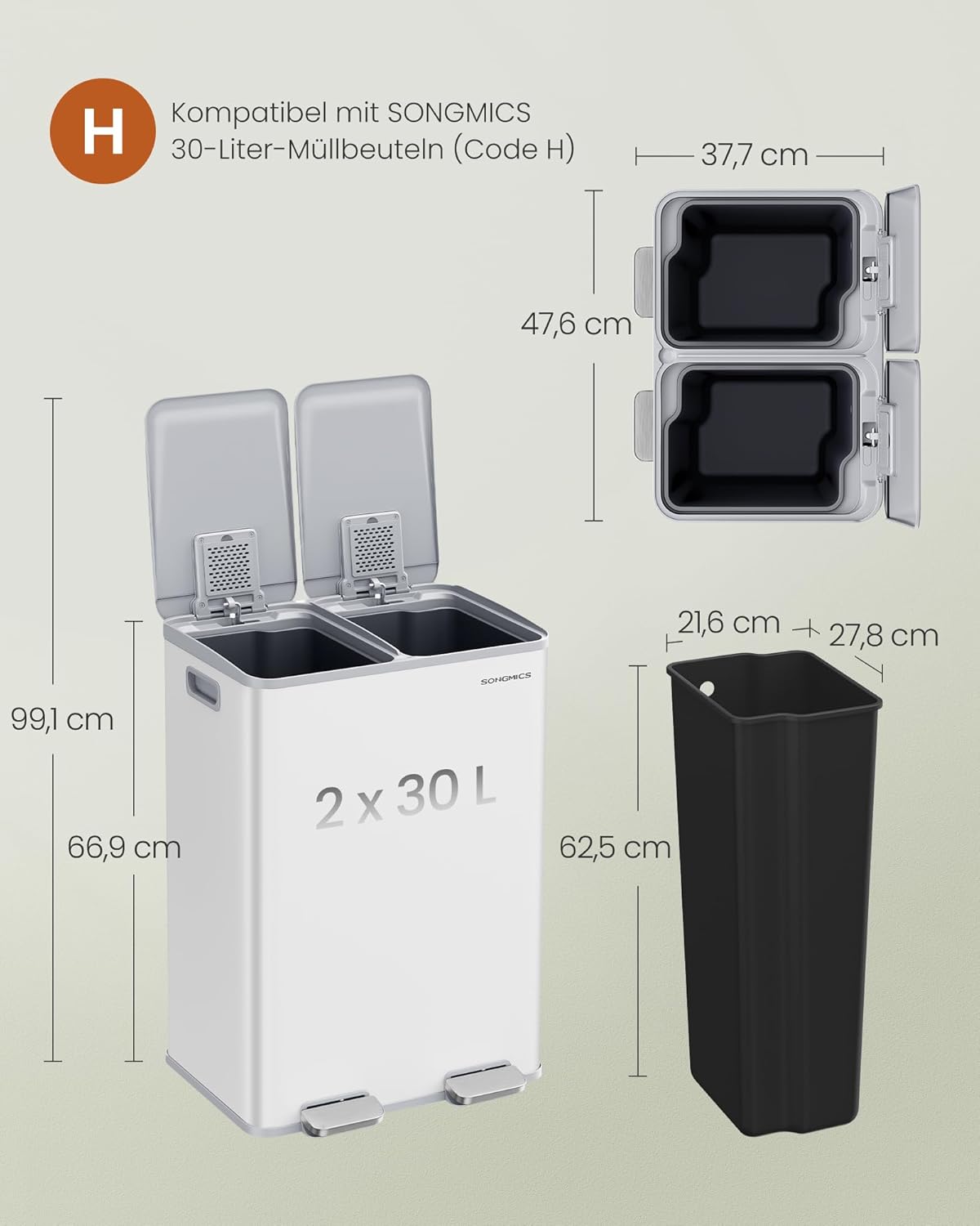 Küchen-Tretmülleimer mit Softclose LTB741W02, mattweiss