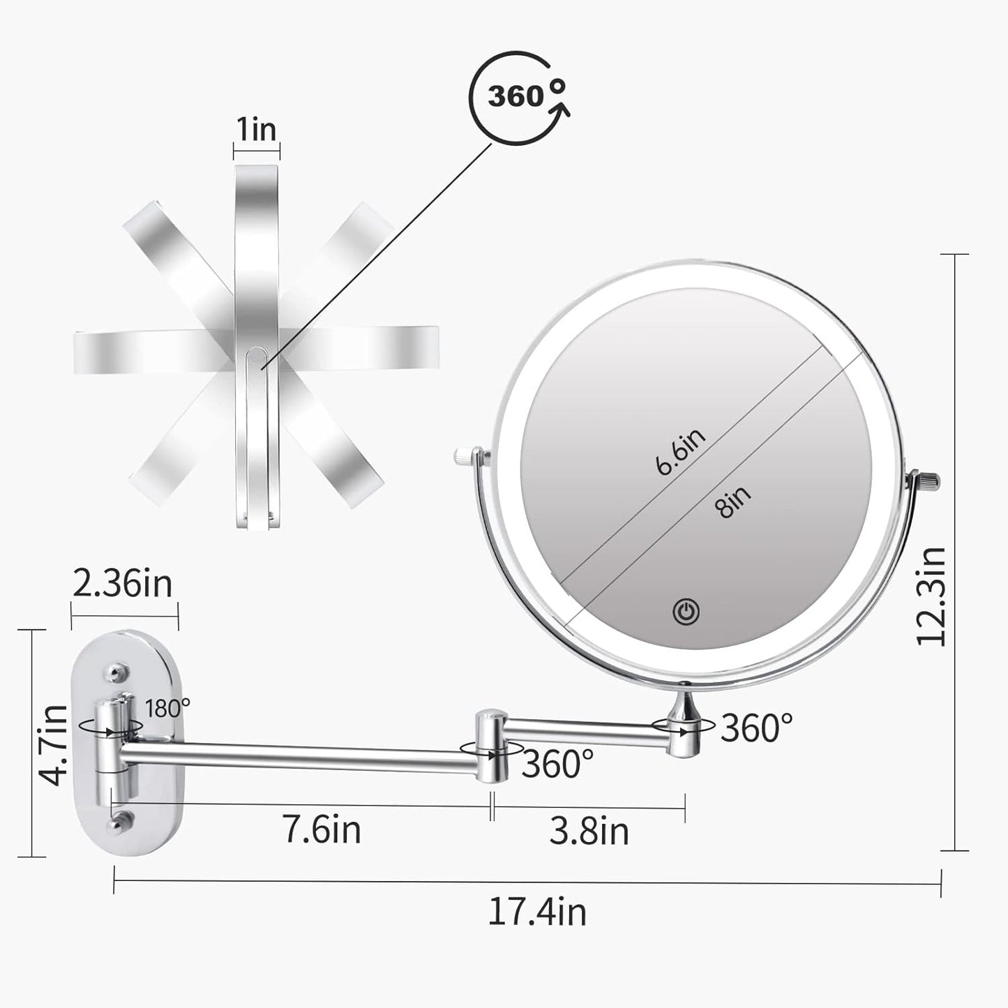 Kosmetikspiegel mit LED & 10X Vergrösserung, Silber