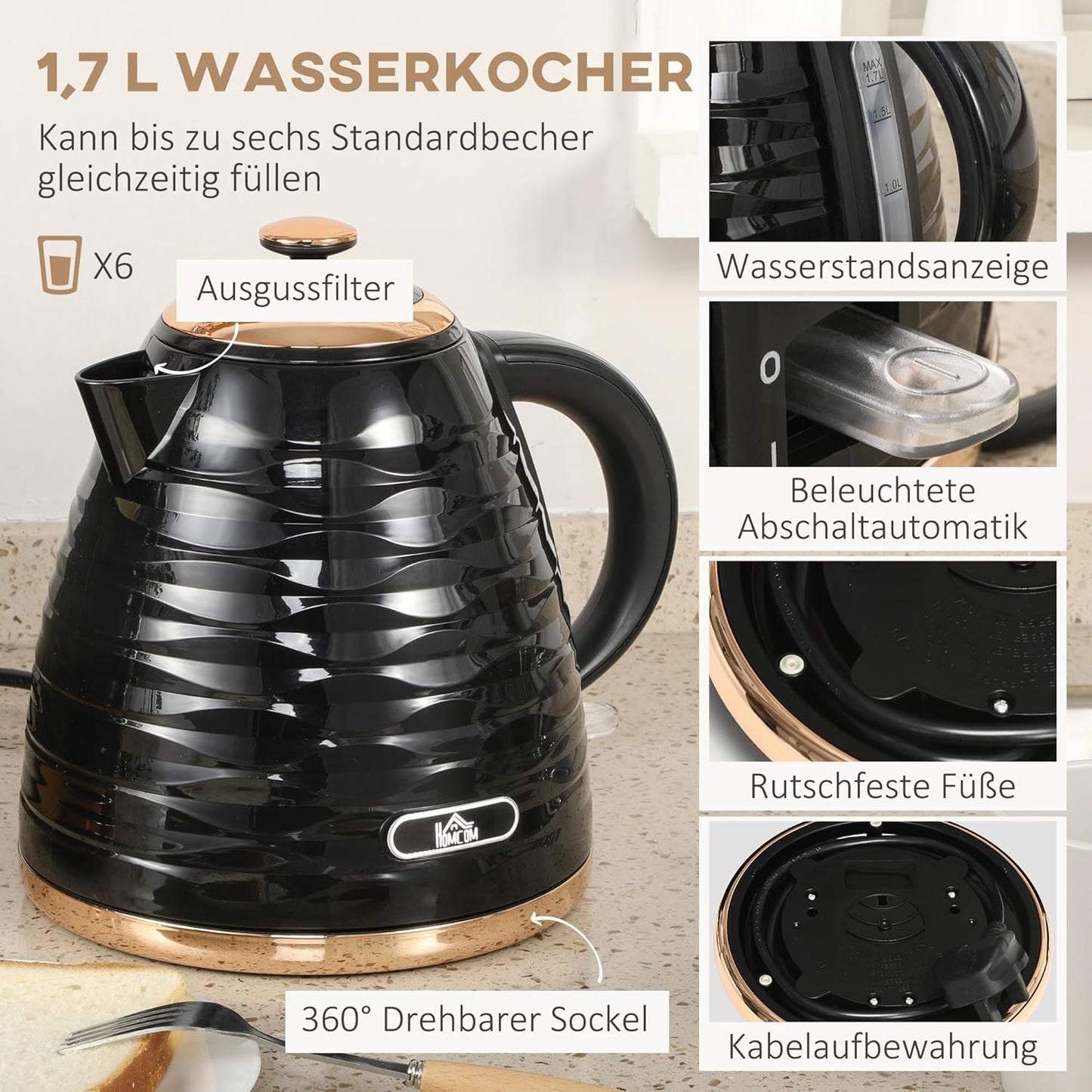 Frühstücks-Set Wasserkocher & Toaster (1,7L, 4 Scheiben), Schwarz