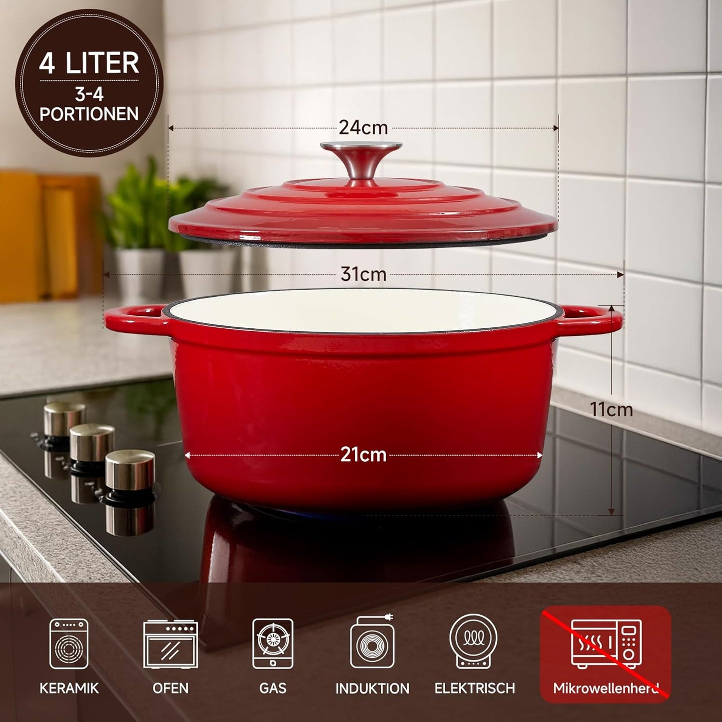 Schmortopf mit Deckel, 24cm/4L Rot mit cremeweiß