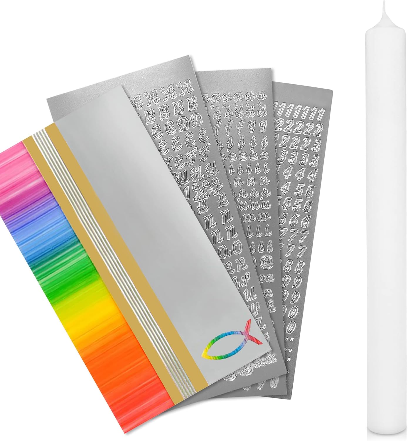 Kerzen-Rohling Set für Taufe und Hochzeit, Regenbogen Gold | Silber mit Fisch Kerze 40x4 cm | Weiss