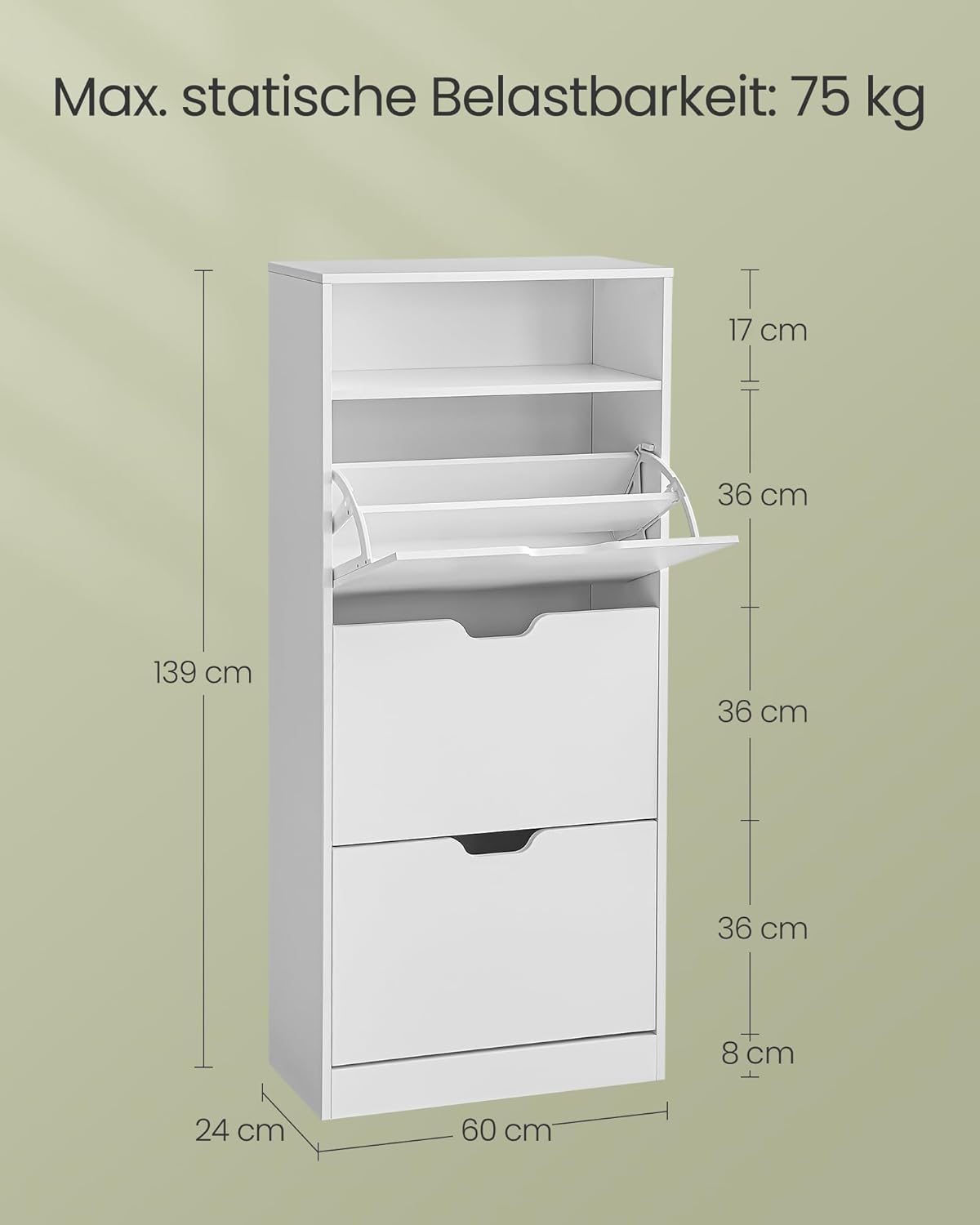 Schuhschrank mit Klappen und verstellbarer Trennwand, Wolkenweiss 3 Klappen (60B cm)