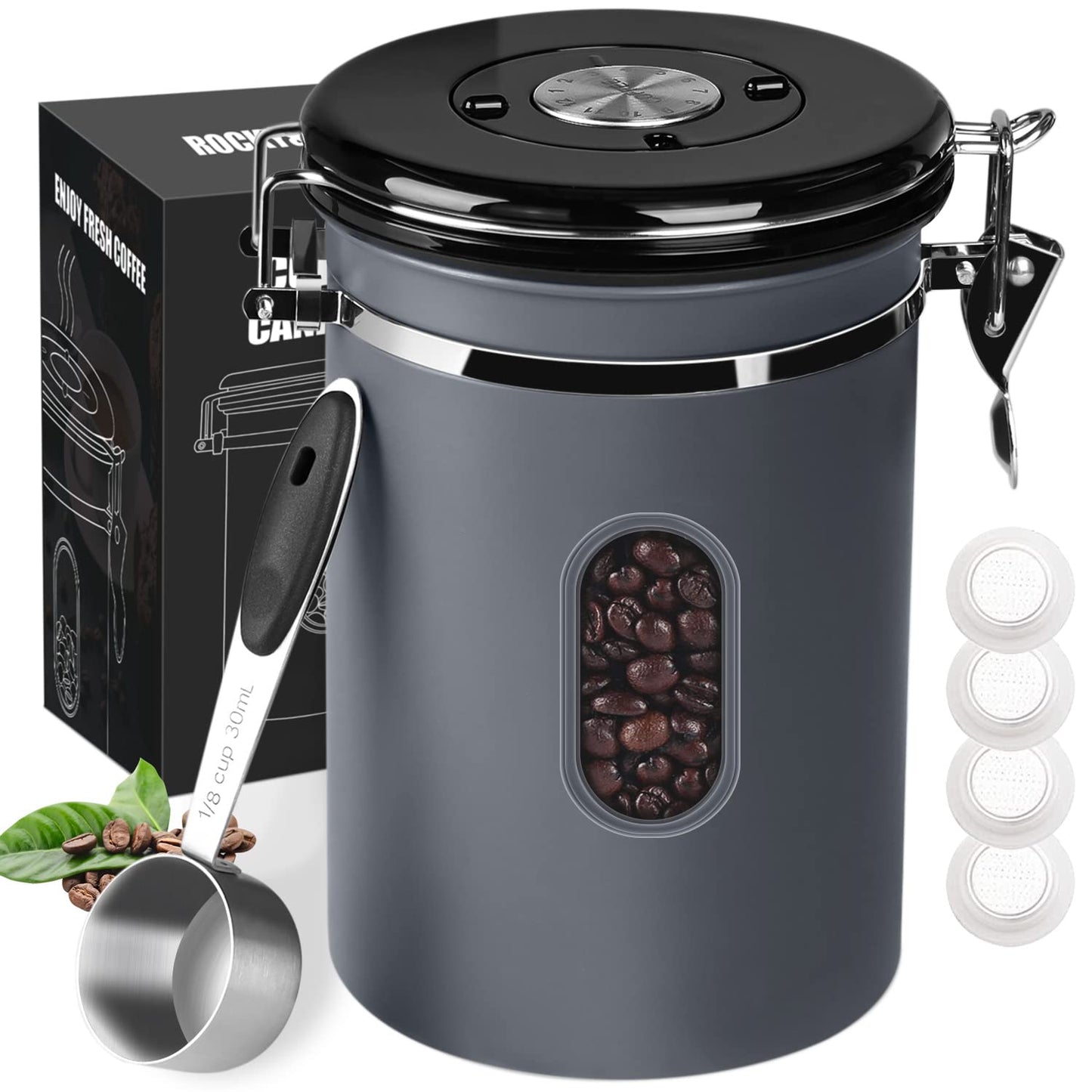 Luftdicht Kaffeedose mit Sichtfenster und Datumsanzeige, 2.8L-Gray