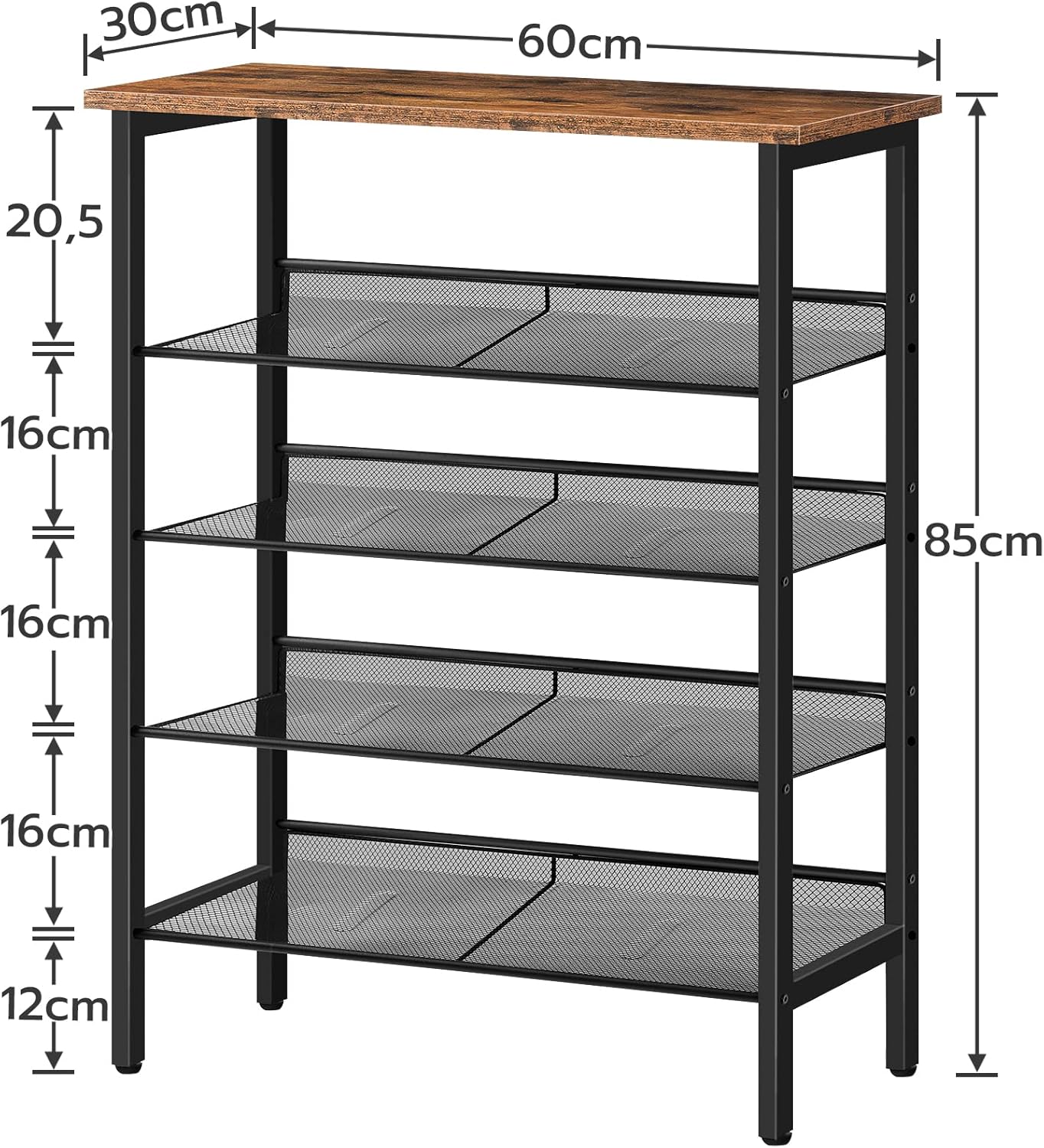 5-lagiges Schuhregal, Dunkelbraun + Schwarz 60 x 30 x 85 cm