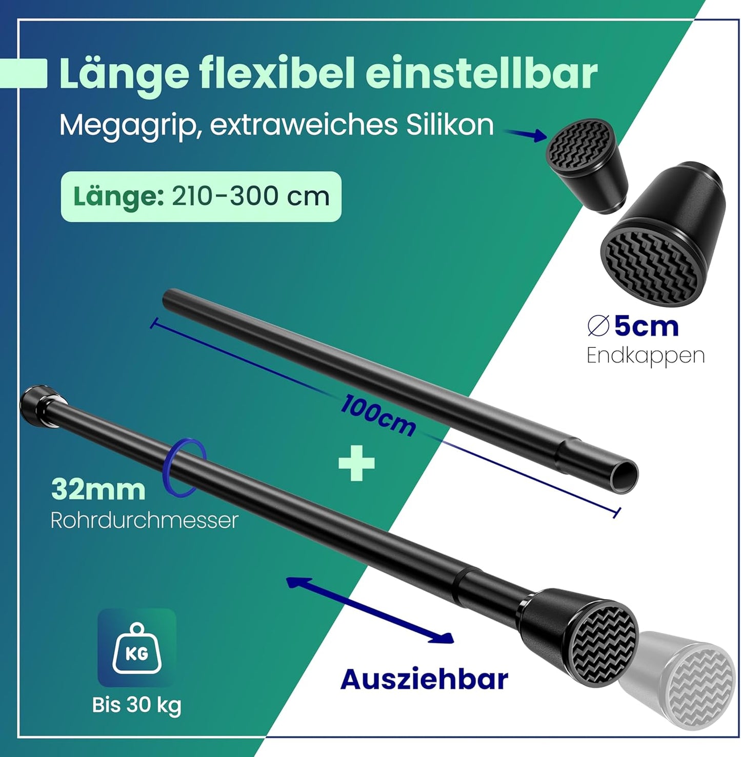 Gardinenstange ausziehbar, 210-300cm Schwarz