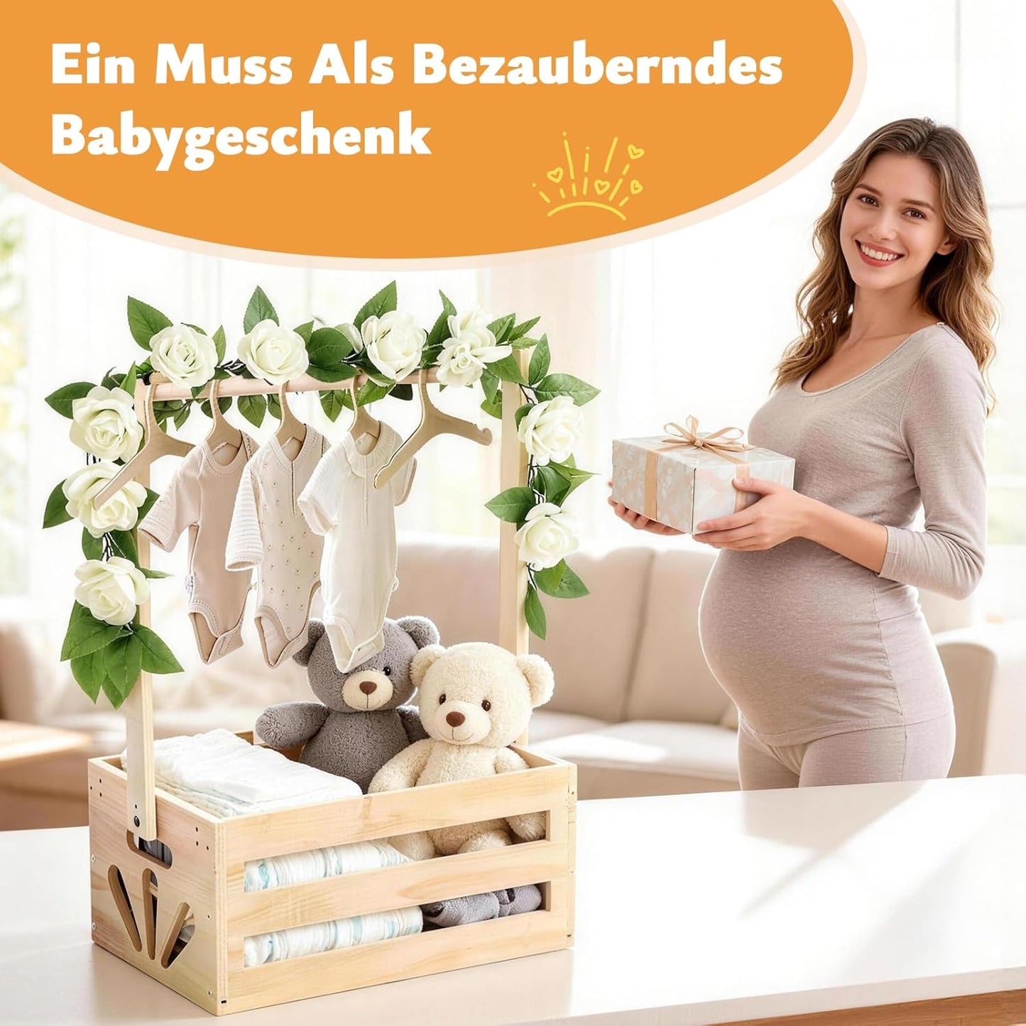 Baby-Geschenkkorb mit Kleiderstange, Kleiderbügel & Girlande