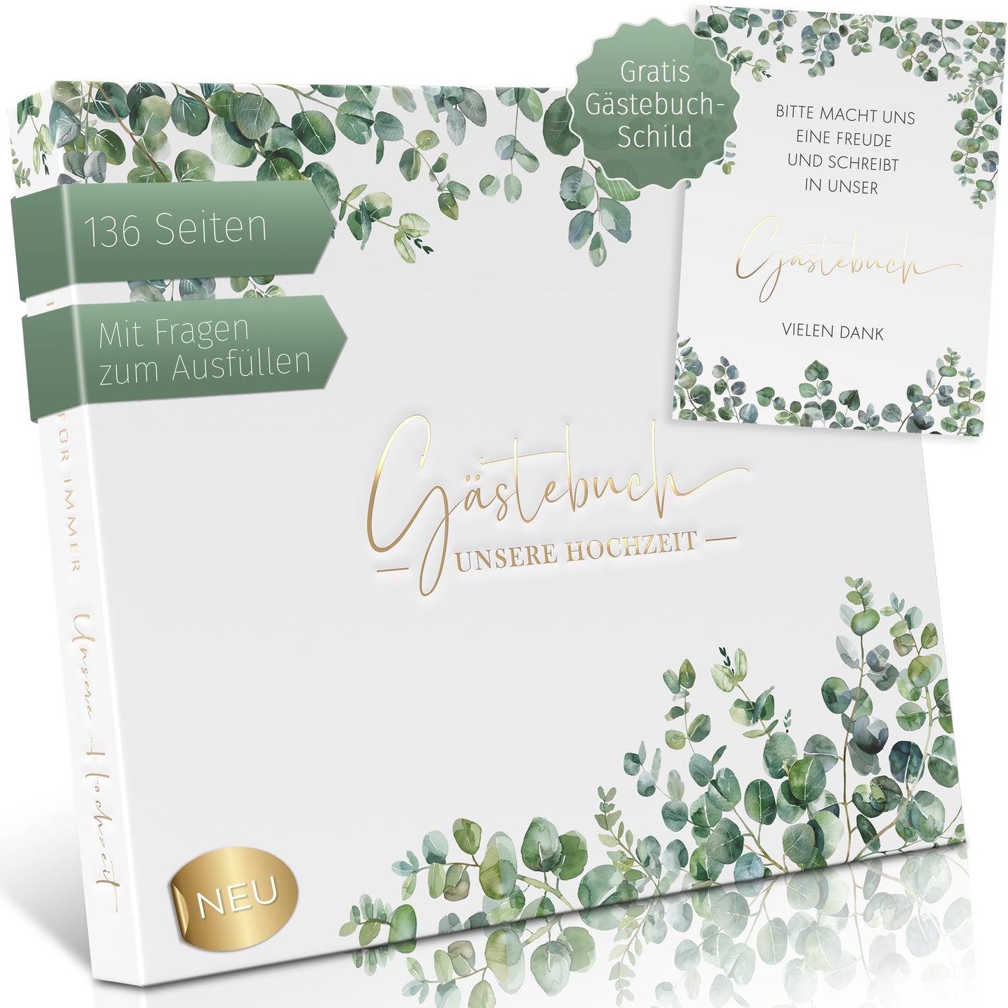 Gästebuch mit Fragen, mit Fragen Eukalyptus + Gold