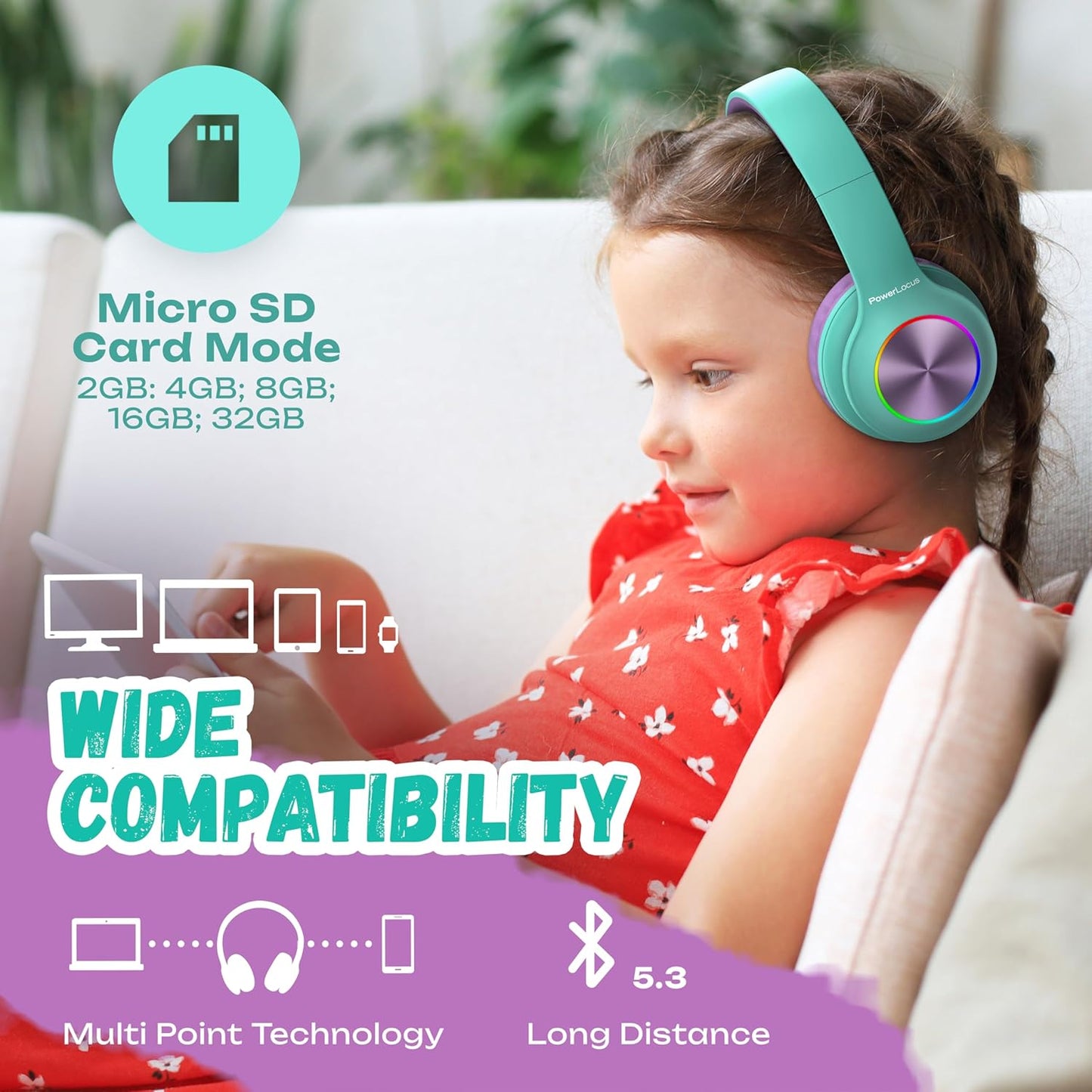 Bluetooth Kinderkopfhörer mit LED, Teal/Purple