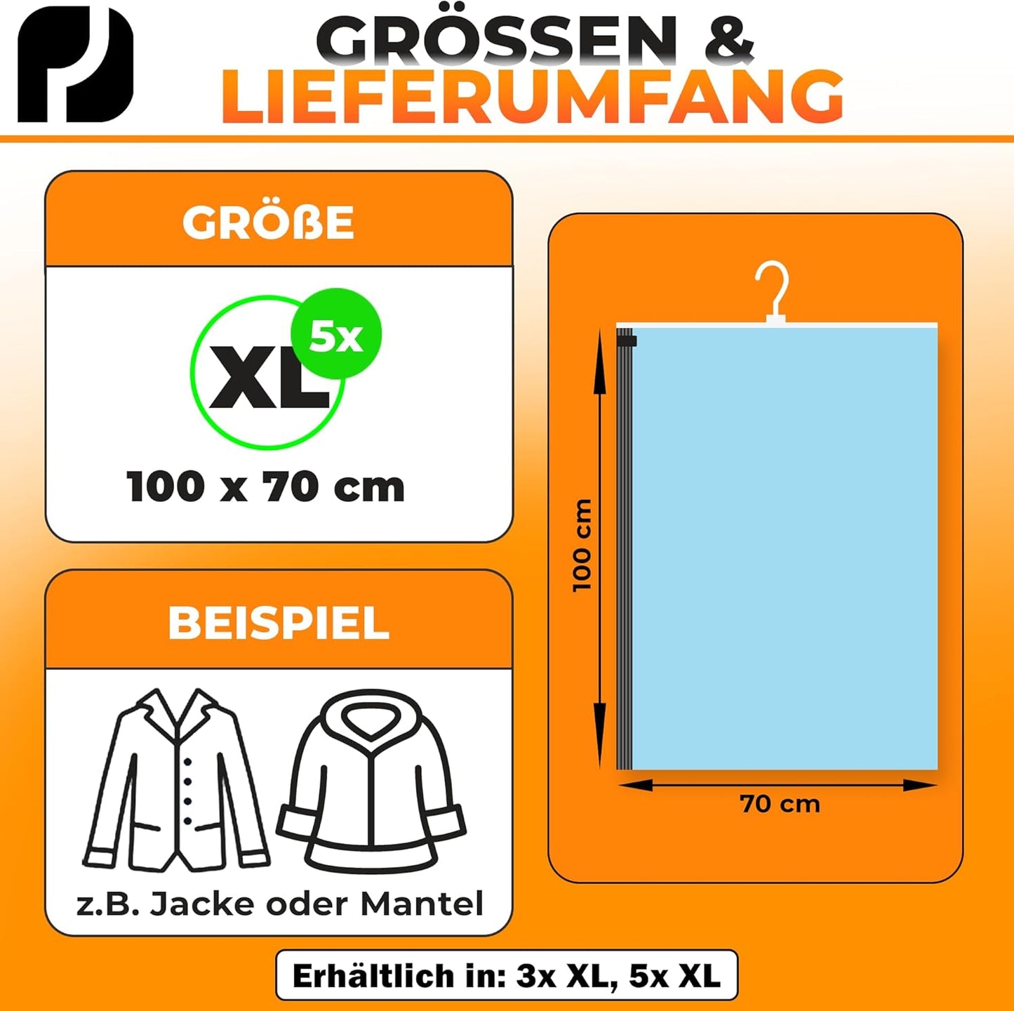 Hängende Vakuumbeutel für Kleidung, 5 Stück, Mit Hänger MIt Hänger - 5x XL (100x70cm)