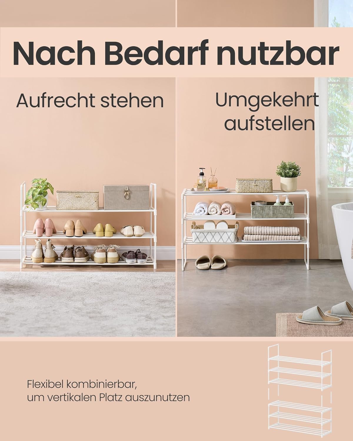 Schuhregal mit 3 Ebenen, Perlweiß 3 Ebenen (92B cm)