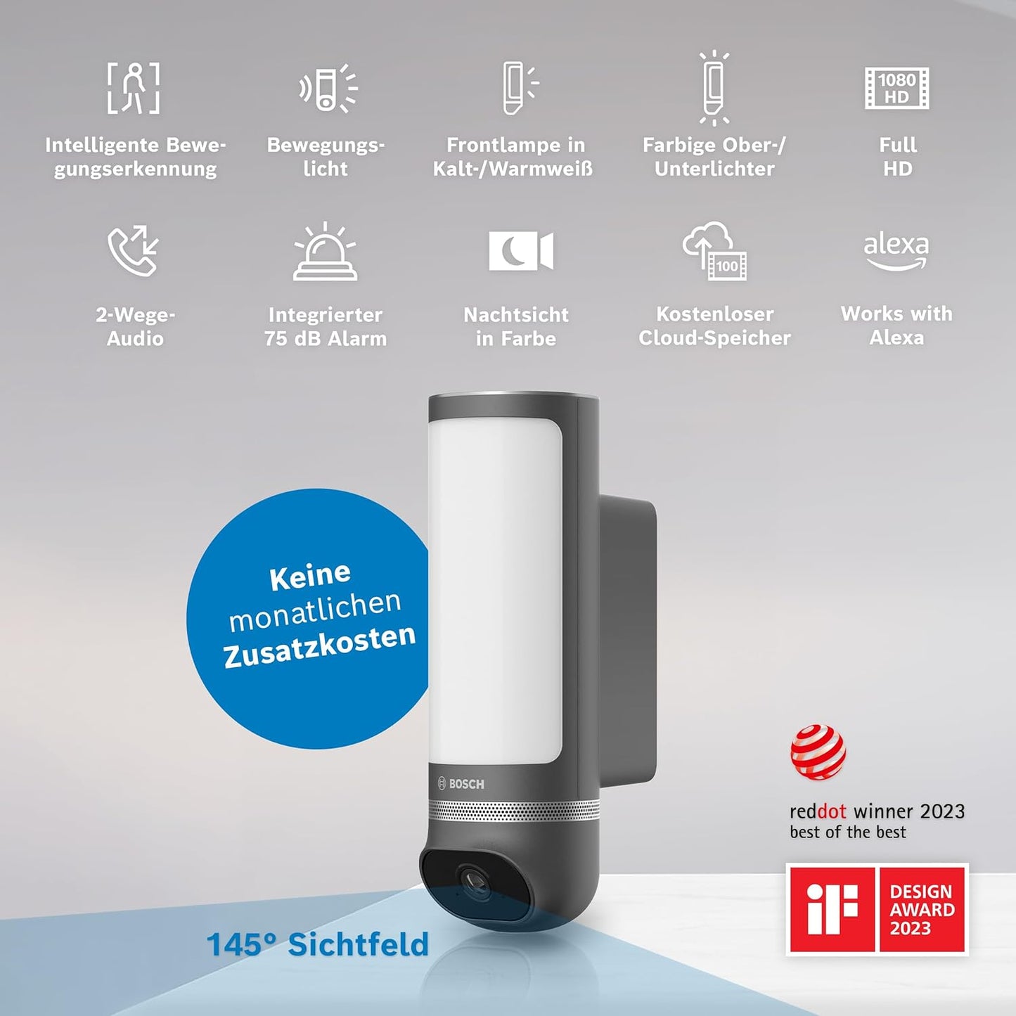 Bewegungsmelder-Kamera mit 1080p, Sirene, Alexa-Kompatibilität und Designleuchte, Aussenkamera II Anthrazit