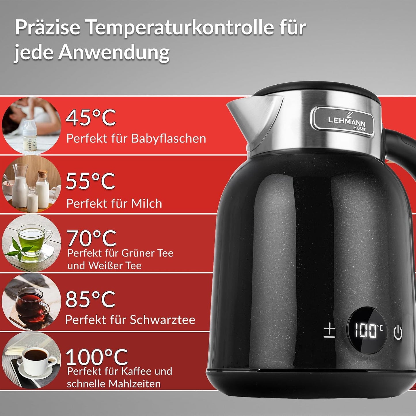 Wasserkocher mit Temperatureinstellung, Schwarz