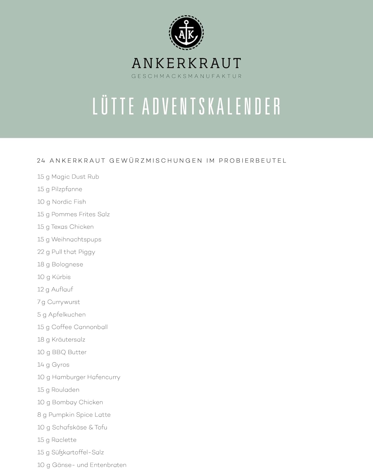 Lütte Adventskalender 2025 mit 24 Gewürzproben, Lütte