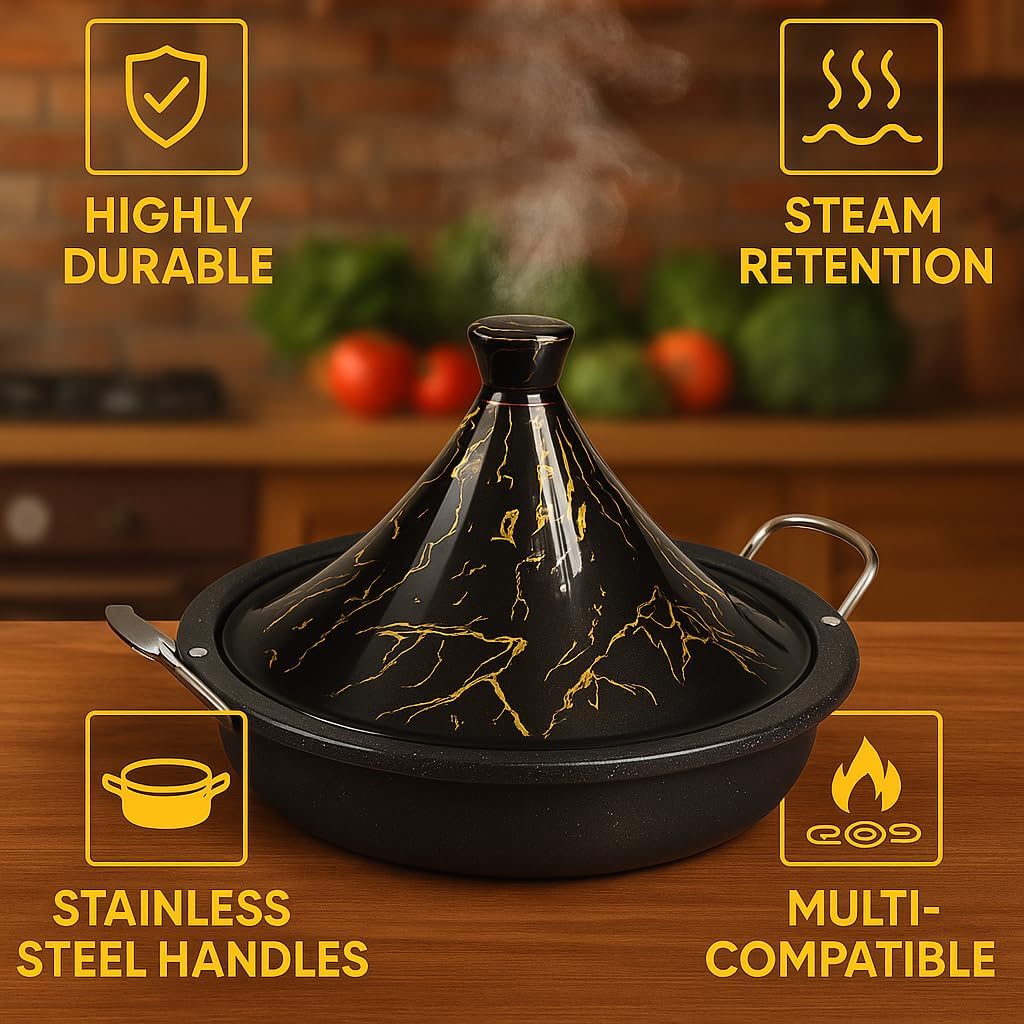 Tajine Schmortopf mit Keramikdeckel & Dampfventil, Schwarz 38 cm