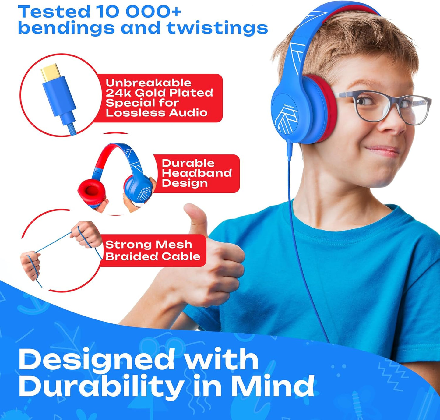 Kinderkopfhörer mit Kabel und externem Mikrofon, USB-C Blau/Rot