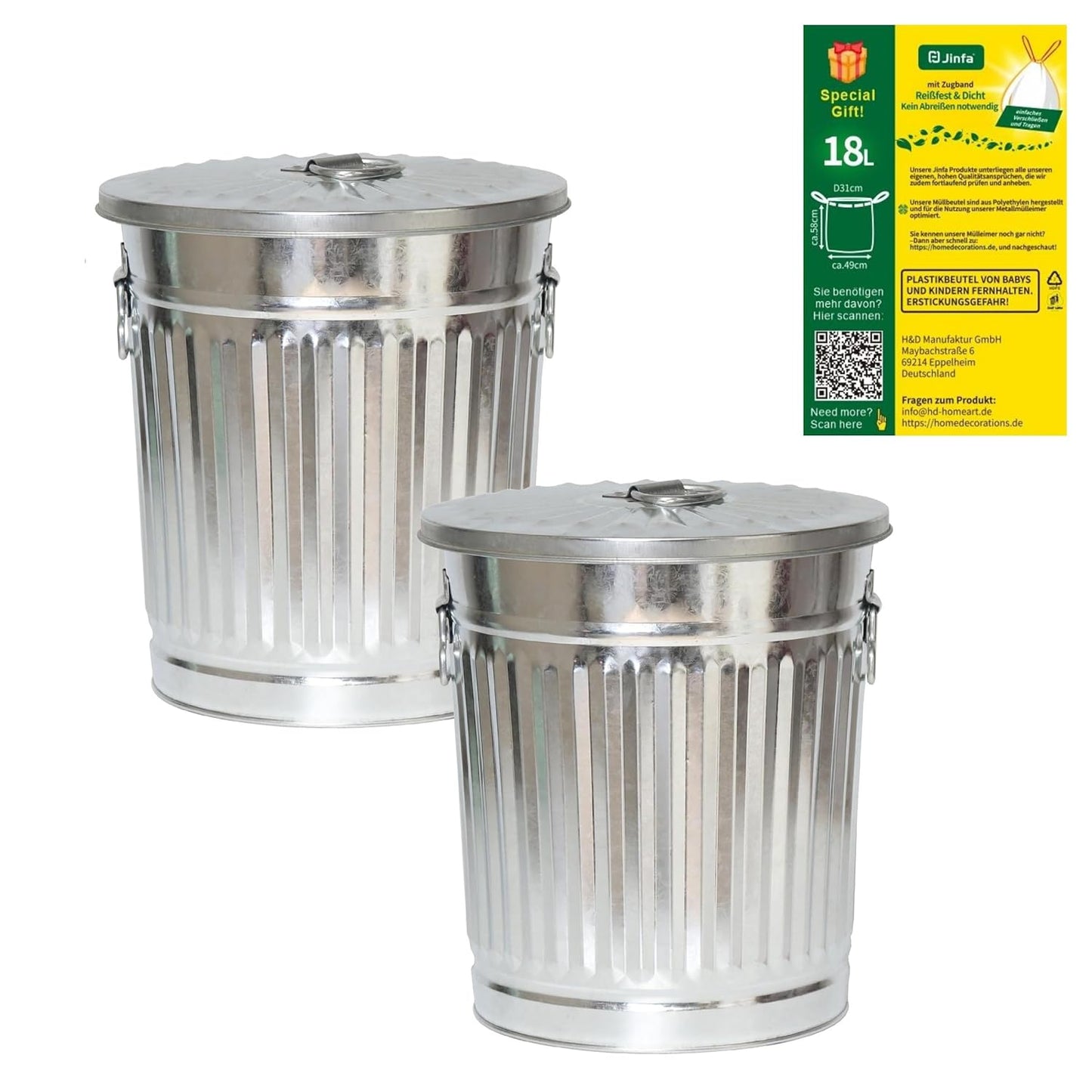 Metalleimer mit Deckel (2 x 18L + 5 Müllbeutel), Metalleimer 18 Liter + 5 Müllbeutel 2 Stücke