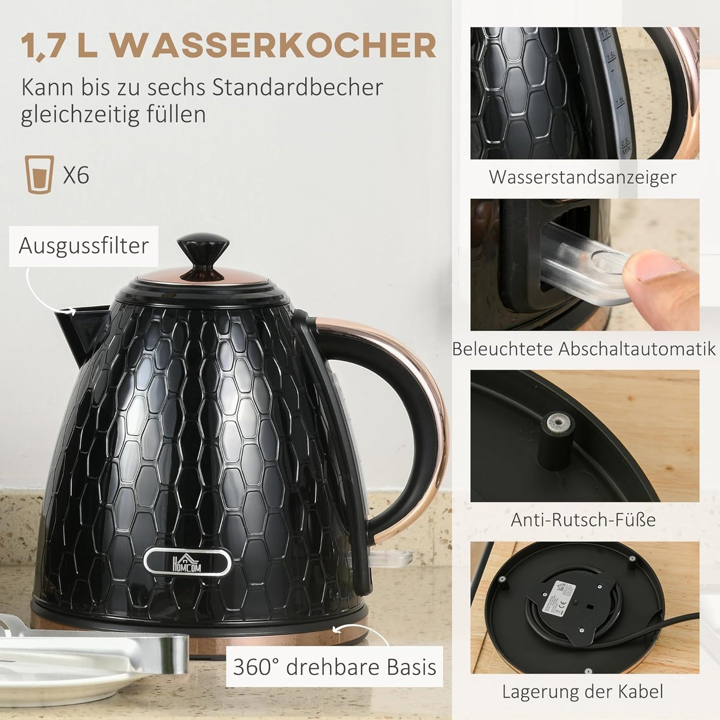 Frühstücksset: Wasserkocher & Toaster mit 7 Stufen, Schwarz
