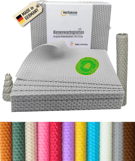 20er Set Bienenwachsplatten für Kerzenherstellung, Hellgrau | 20 X 15 cm