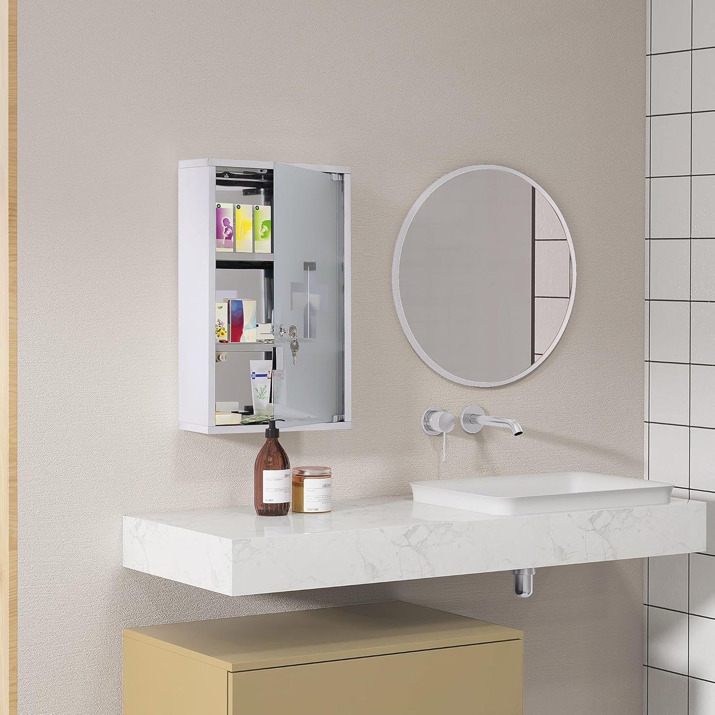 Abschliessbarer Medizinschrank mit Glastür, 3 Fächer, Silber B30 x T18 x H50 cm