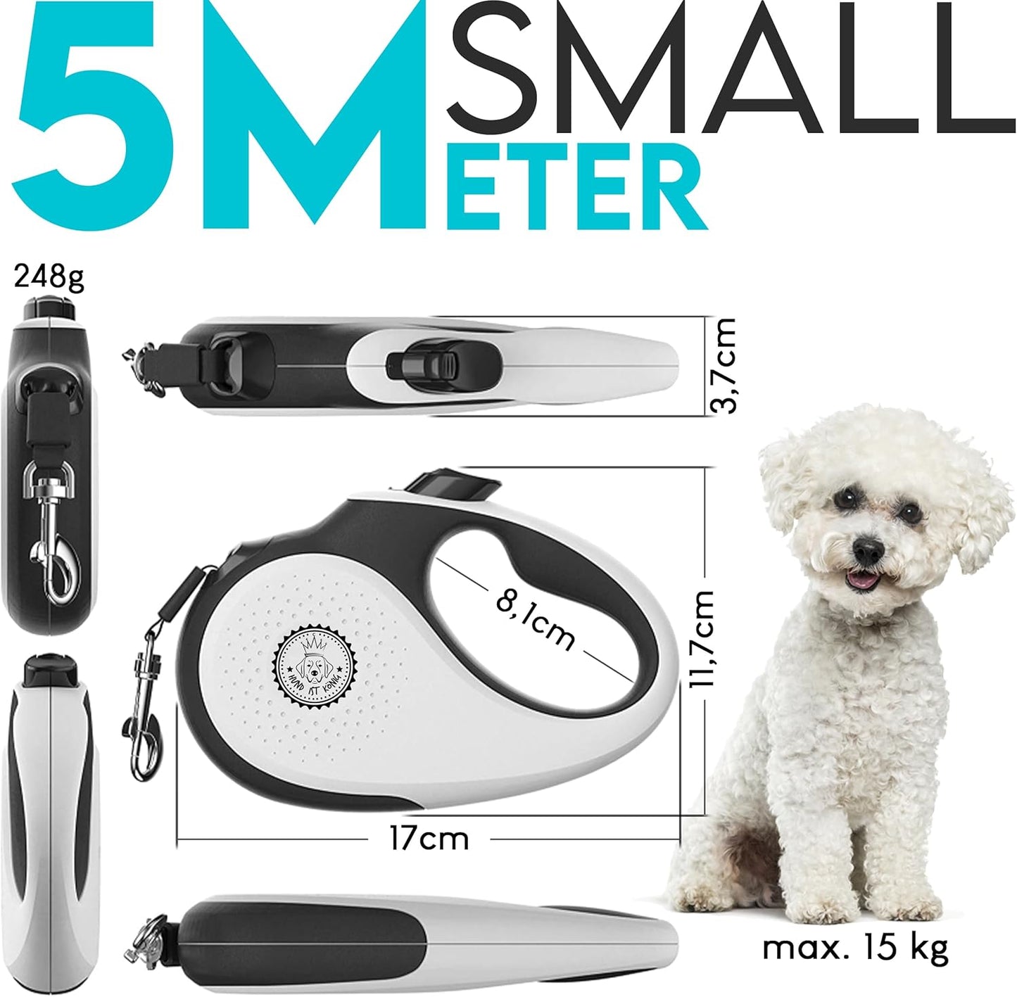 Rollleine, S | 5m | bis 15kg Weiß | Schwarz