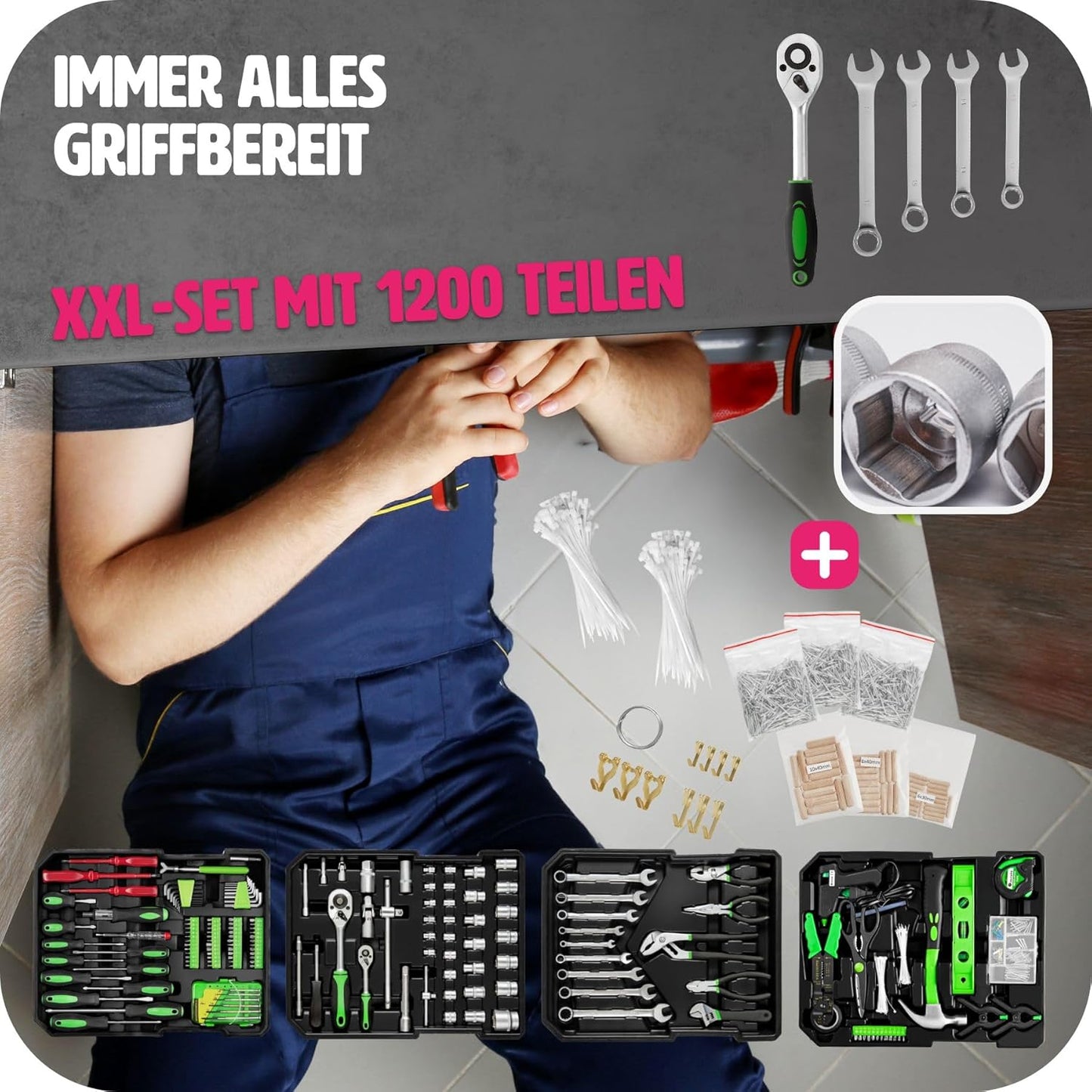 Werkzeugtrolley 1200-teiliges Set mit Teleskopgriff
