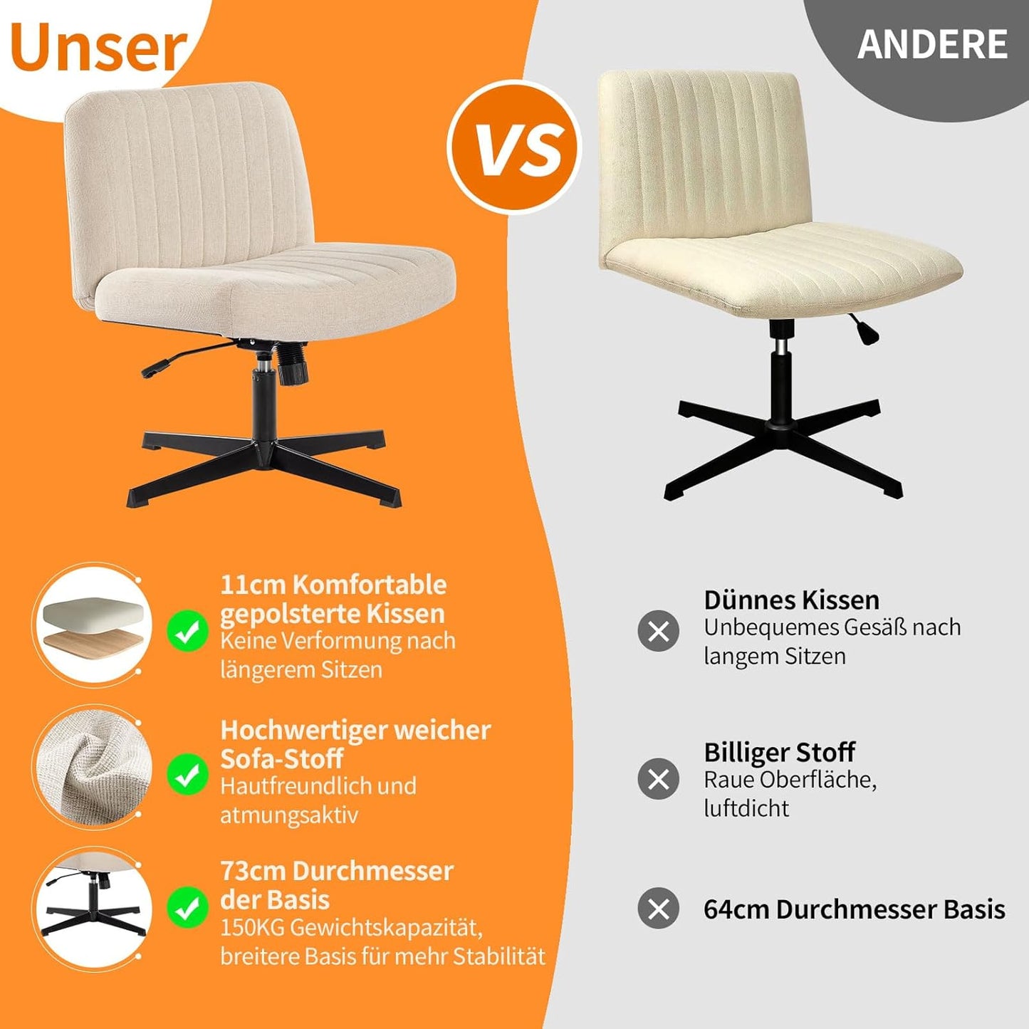 Höhenverstellbarer Schneidersitz-Stuhl ohne Rollen, Beige Keine Rädern