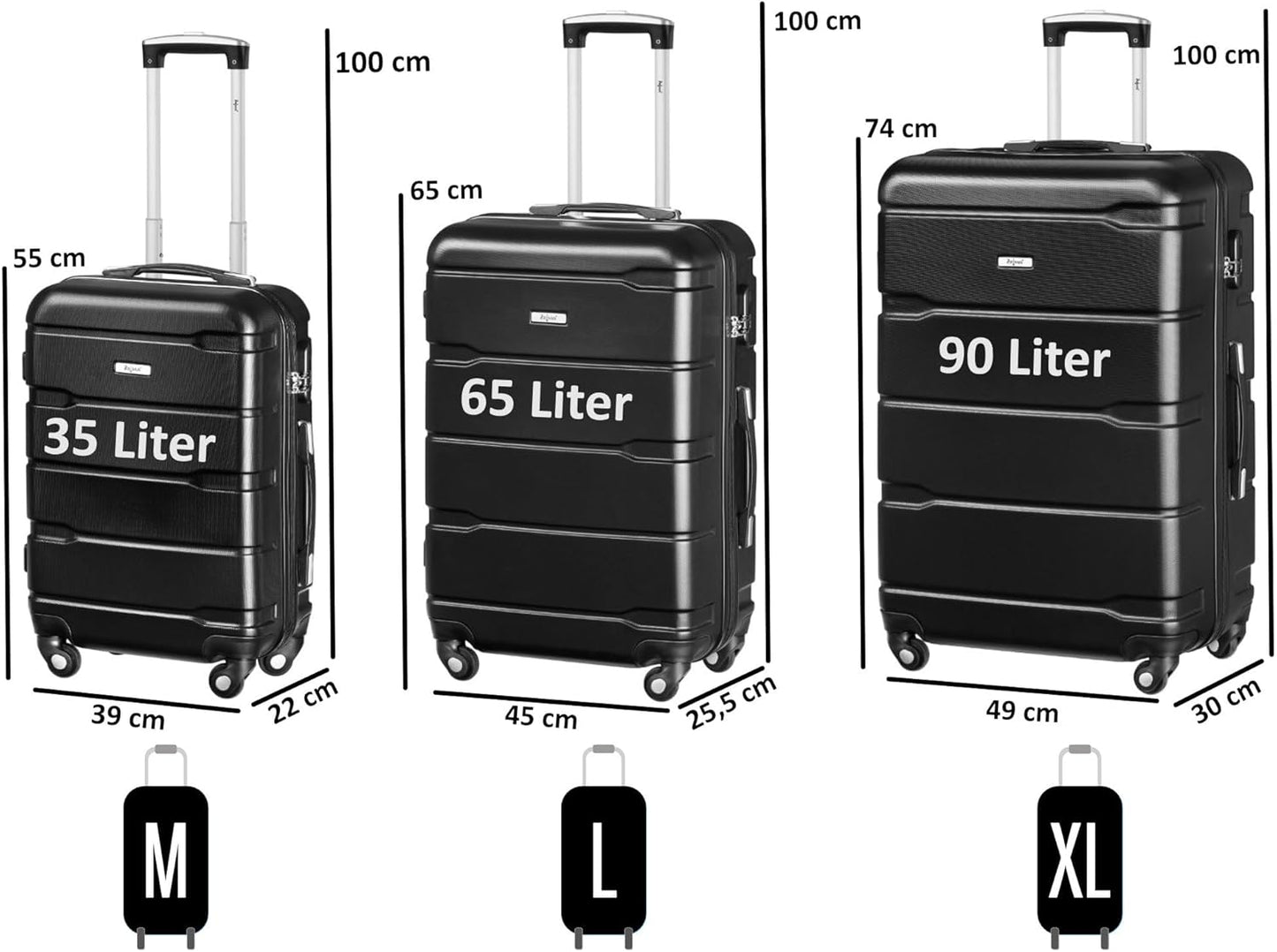 Hartschalenkoffer-Set mit Zahlenschloss (3-teilig), Schwarz 3-teilig
