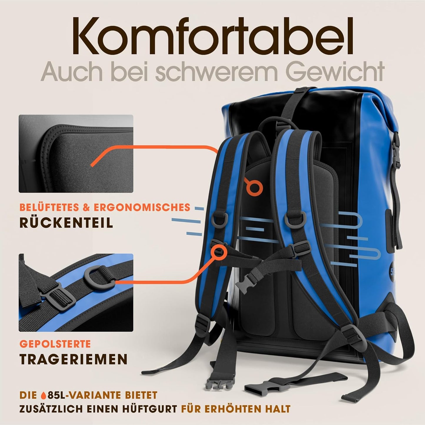 Wasserdichter Rucksack mit Rolltop-Verschluss und Handyhülle, 85L Blau