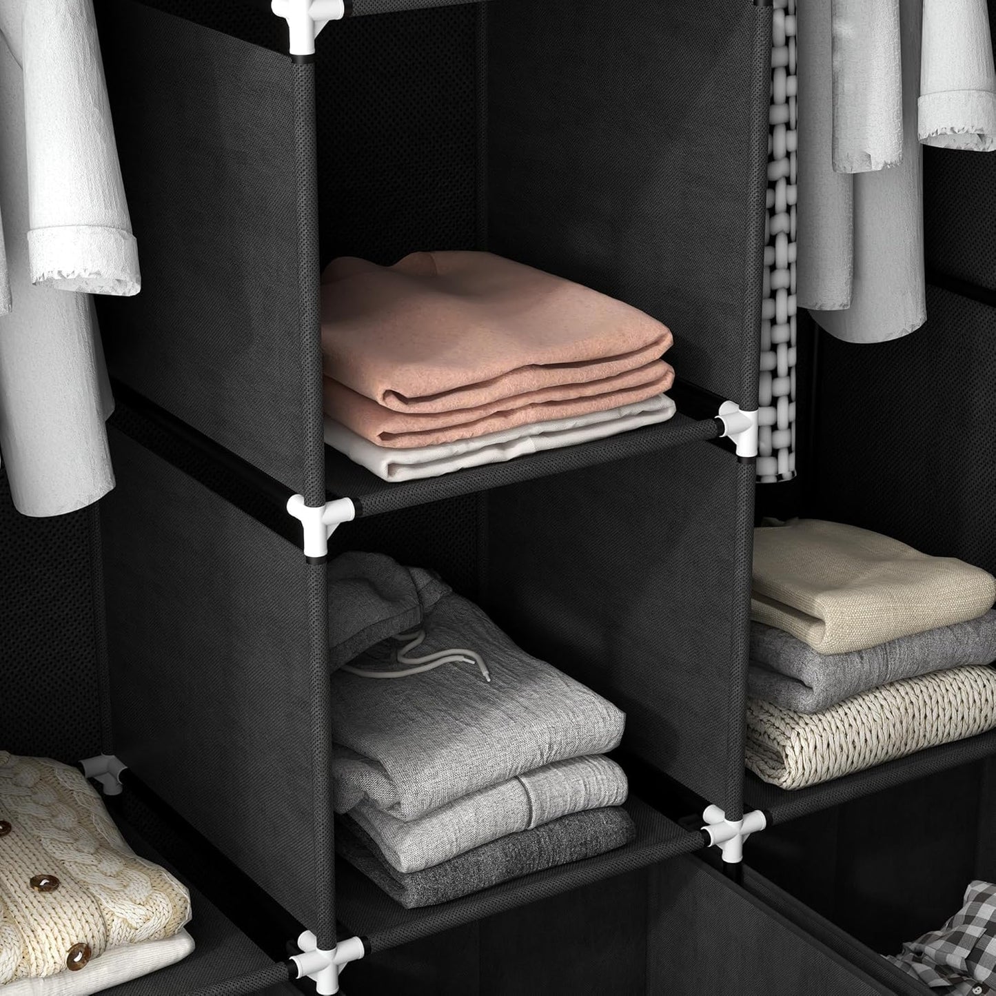 Faltschrank mit Kleiderstange und Schubladen, Schwarz