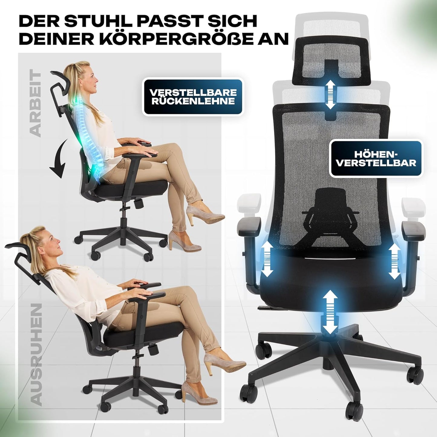 Ergonomischer Bürostuhl M3 mit Lendenwirbelstütze, M3 Klassik (Schwarz)