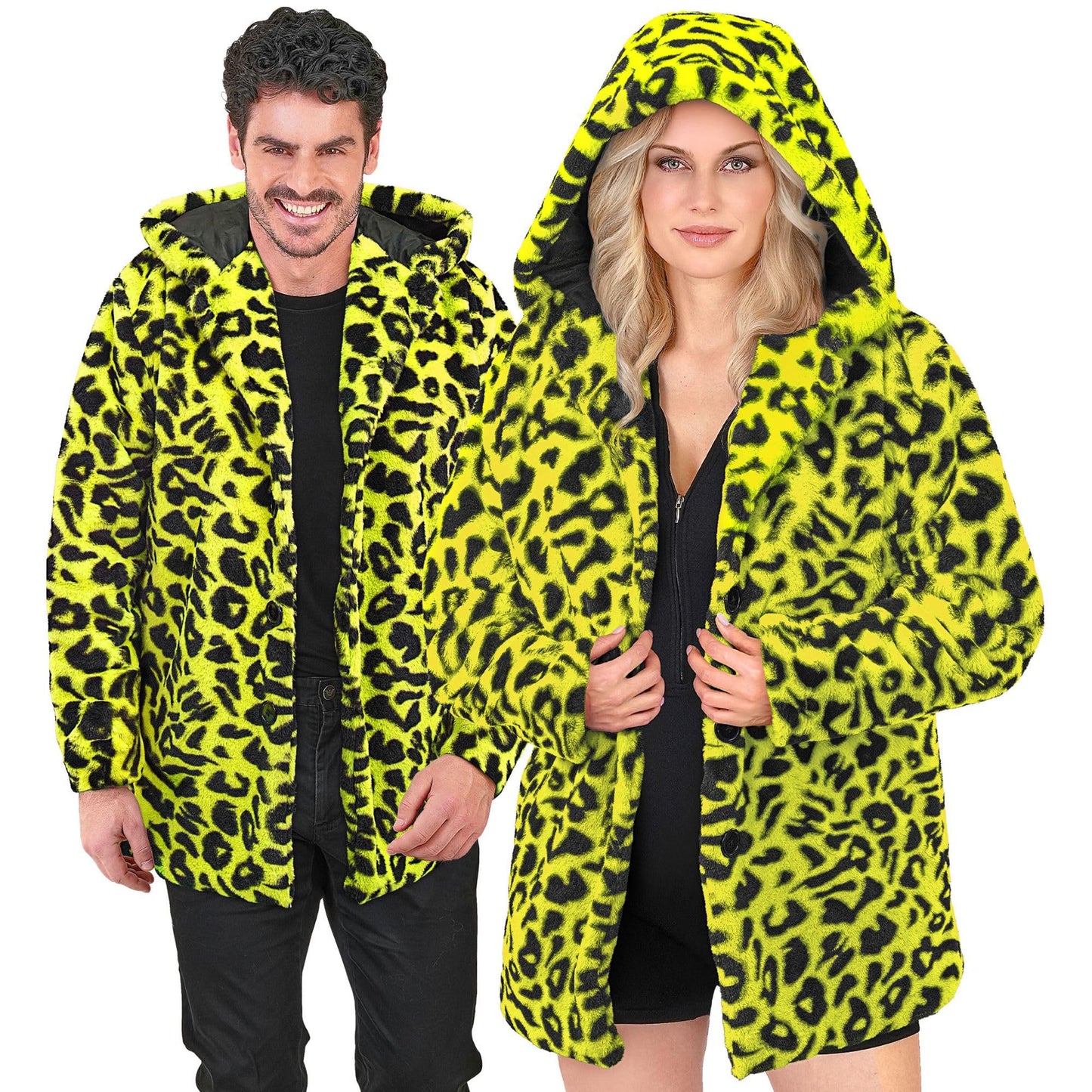 Neon Gelber Animalier Leopardenmuster Plüschmantel mit Kapuze, XXL Neon-gelb