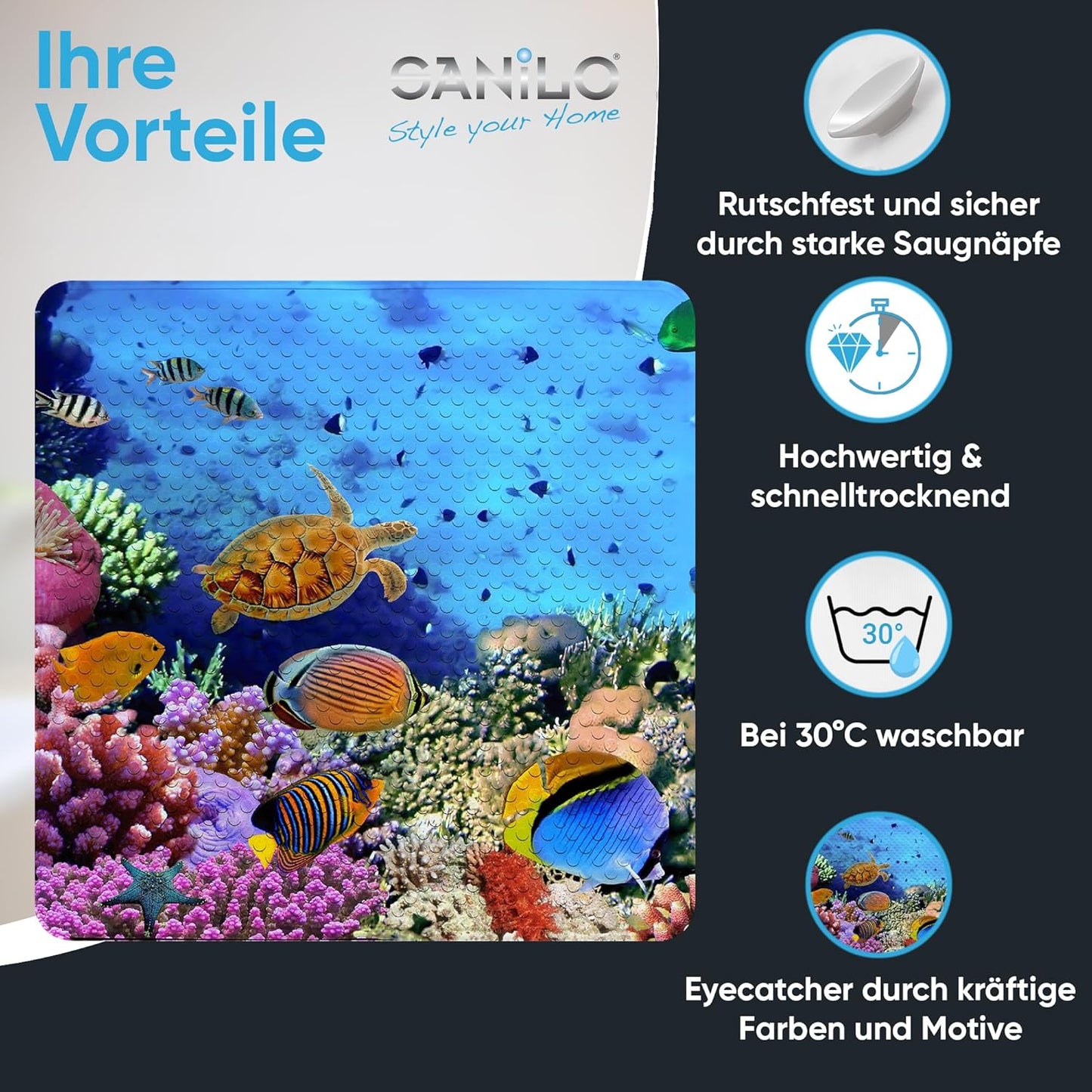Rutschfeste Badematte 53x53 cm, maschinenwaschbar, Ocean